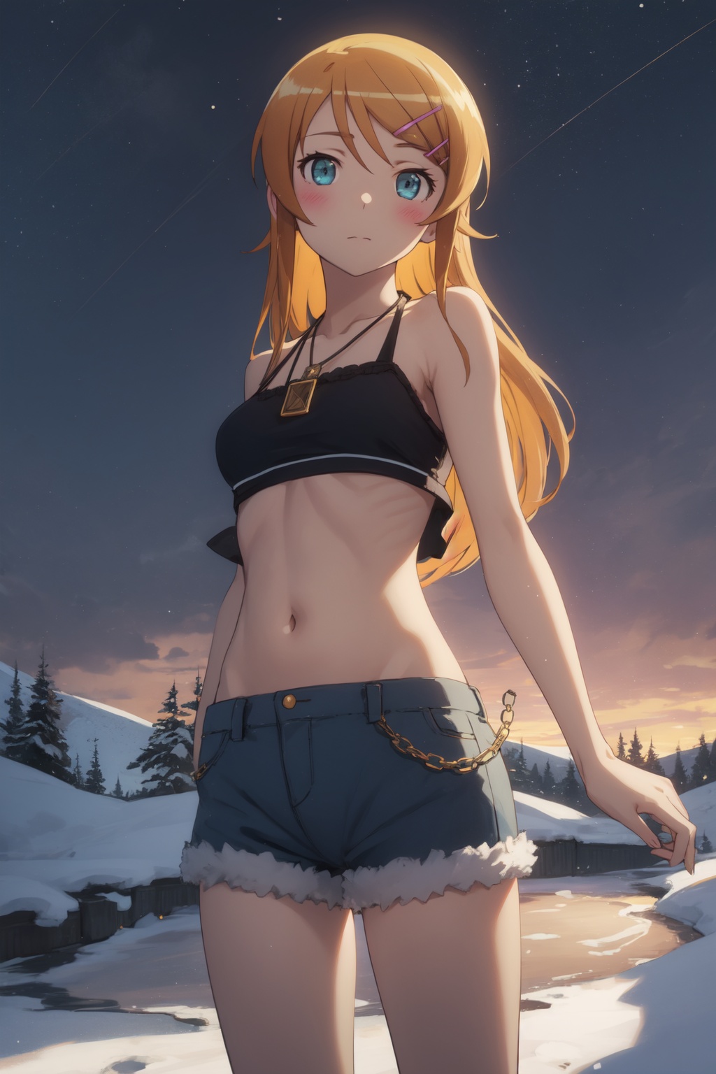 <lora:Kirino-000005:0.8>,Kirino cyql,1girl,looking at viewer,solo,long hair,orange hair,hairclip,hair ornament,aqua eyes,blush,necklace,jewelry,Halter top, high-waisted shorts, platform sandals,Passionate, A heated look, a flushed face, and a quickened breath.,panorama,beautiful face,beautiful eyes,glossy skin,shiny skin,Tundra, Midnight Sun, Barren, Cold, Landscape, Silence, Horizon, Solitude,(Cottage garden flowers, Evening glow, Twilight hues, Summer blooms, English countryside, Serene atmosphere:0.6),beautiful detailed sky,beautiful detailed glow,posing in front of a colorful and dynamic background,masterpiece,best quality,beautiful and aesthetic,contrapposto,female focus,wallpaper,fashion,