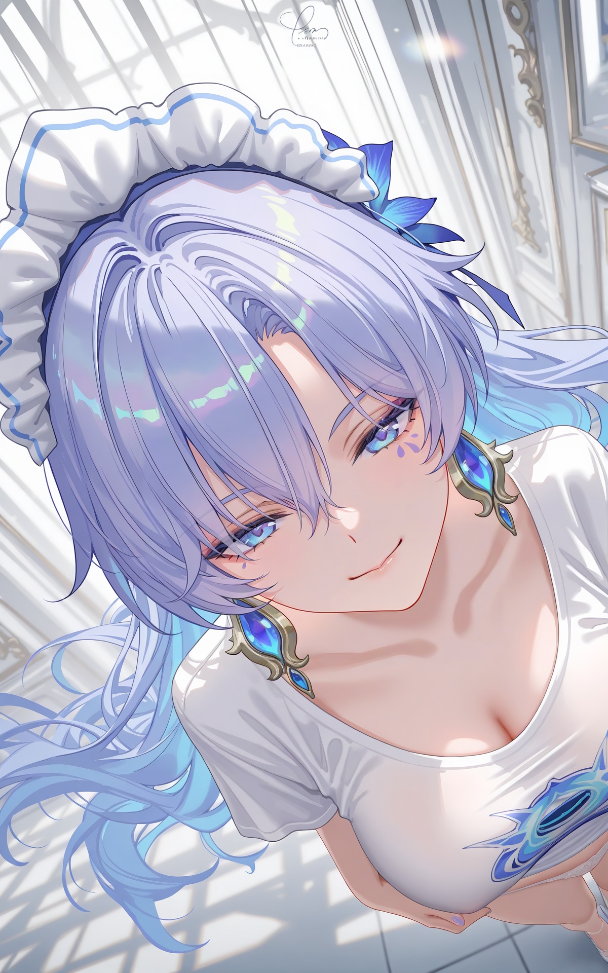 8k,best quality,masterpiece,(ultra-detailed),(high detailed skin),((artist:reoen),(artist:fuzichoco),(artist:atdan),(artist:torino_aqua),year 2024:0.8),[artist:wlop],[artist:ningen_mame],artist:ciloranko,[[artist:rhasta]],artist:tidsean,colorful,<lora:xl-ill-cantarella(wuthering waves)-v1-000010:0.8>,cantarella\(wuthering waves\),1girl,solo,blue eyes,long hair,jewelry,earrings,closed mouth,blue hair,smile,hair between eyes,maid headdress,Tempting smile,Trim T-shirt,Top T-shirt,bottom underwear,peace sign,from above,standing,Sexy posture,Dynamic Angle,sexy,cute underwear,skin detail,face detail,masterpiece,best quality,absurdres,very aesthetic,