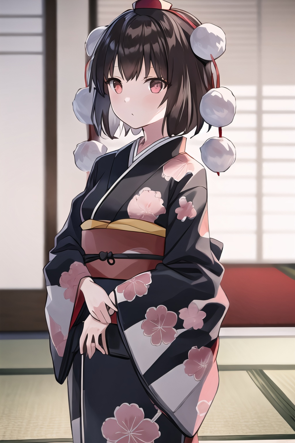 1girl,solo,shameimaru aya,tokin hat,pom pom \(clothes\),red headwear,hat,red eyes,short hair,brown hair,front view,tatami,print_kimono,<lora:shameimaru aya002-000012:1>,