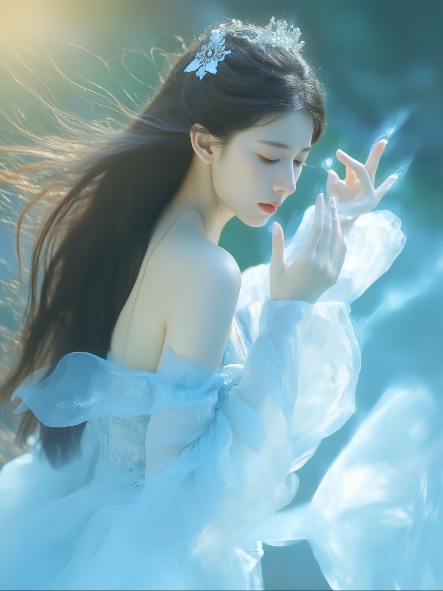 neomj,The image shows a young woman with long,flowing dark hair. She is wearing a light blue,ethereal gown and a delicate,ornate headpiece. Her eyes are closed and her hands are raised,with a soft blue light emanating around them. Her hair and the edges of her gown are blurred,indicating movement. There is also soft,possibly caused by the sun. The overall tone is magical and serene.,<lora:neomj古风v9_16>,