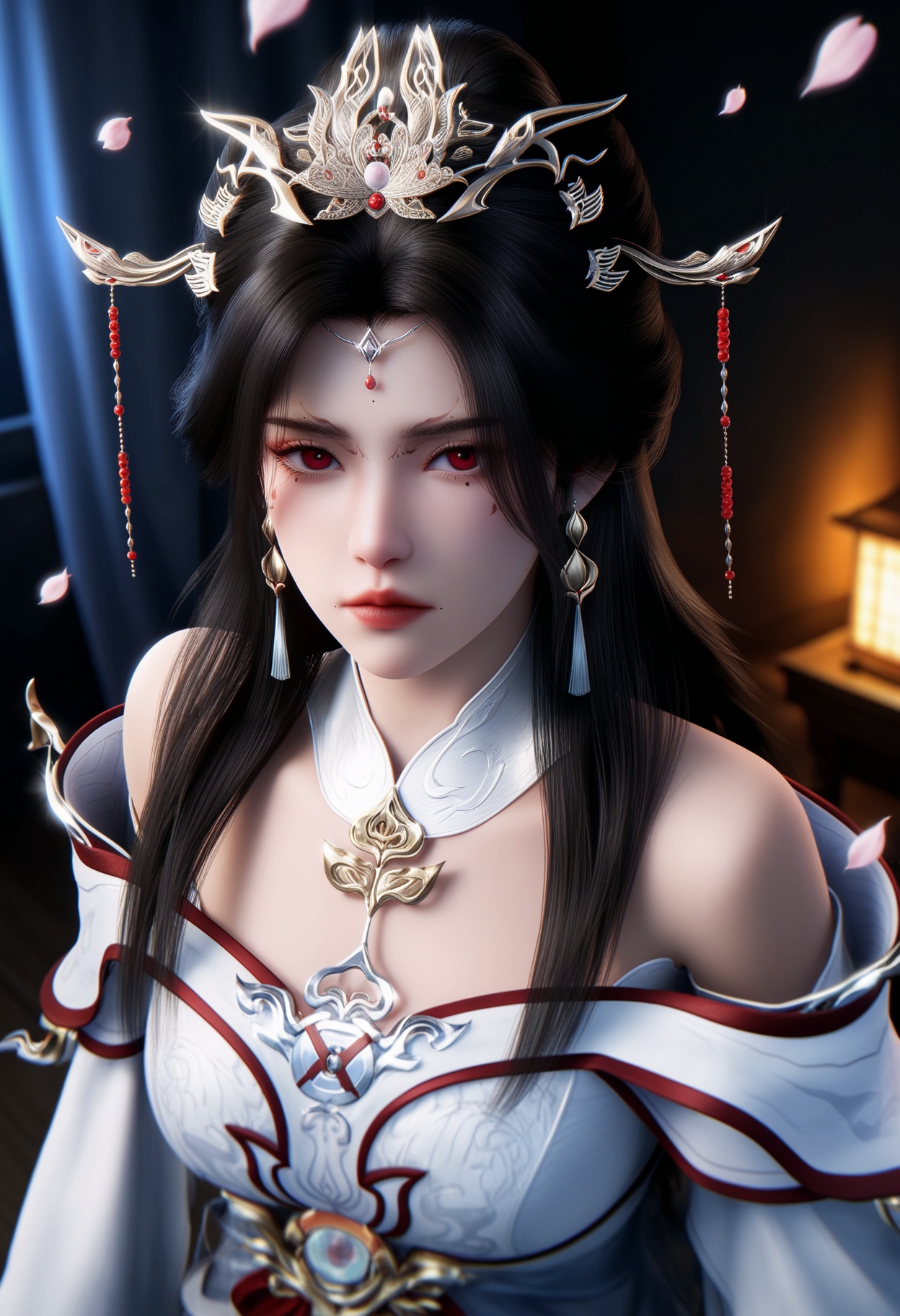 masterpiece,best quality,amazing quality,very aesthetic,high resolution,ultra-detailed,absurdres,scenery,photorealistic,(looking at viewer:1.1),upper body,(Dark room:1.3),(moody lighting:1.1),peach blossom,falling petals,(large breasts:0.8),yaoxixue,1girl,solo,long hair,black hair,jewelry,hair ornament,earrings,dress,bare shoulders,white dress,closed mouth,red eyes,tiara,facial mark,long sleeves,detached collar,expressionless,forehead mark,hair bun,white footwear BREAK photorealistic details,<lora:QQSillyaoxixueV1:0.8>,