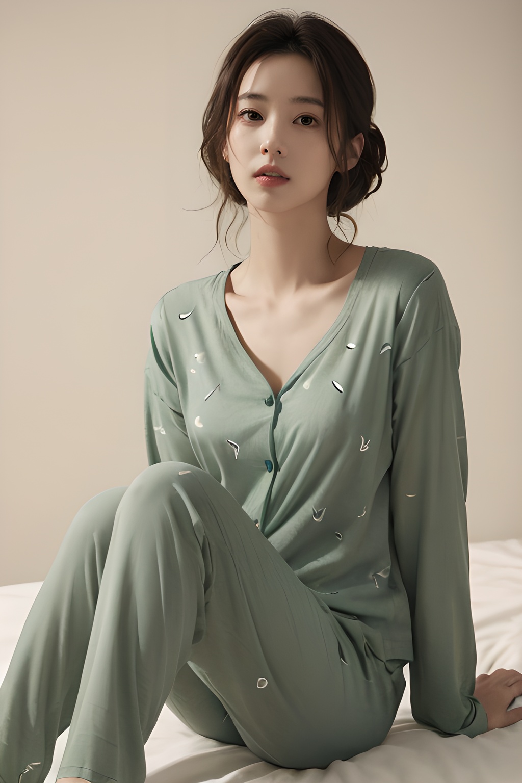 <lora:0818_07:0.7>,simple background,green_print_pajamas,, 1girl,realistic,masterpiece, best quality, photorealistic, HDR,detail