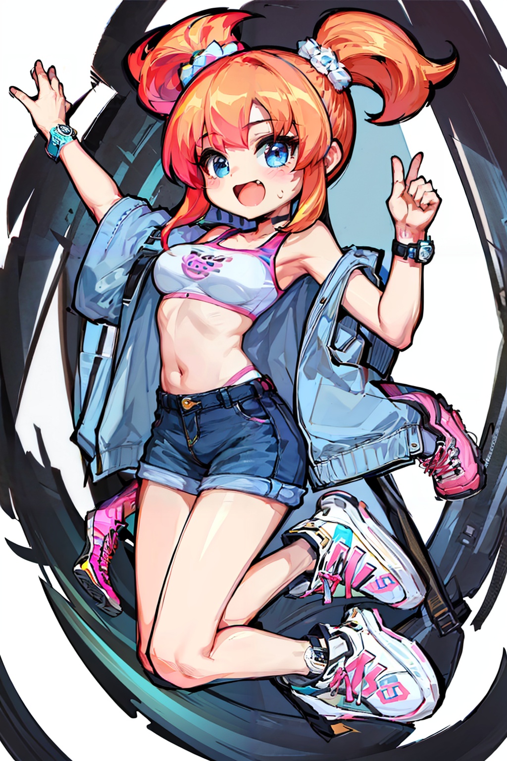 PD_meichao(style),1 lively and cute girl jumps up,whole body,hands raised,bra,blue denim shorts,watch,pink sneakers,summer limited edition,thick graffiti style lines,(white background:1.3),<lora:PD_meichao_v1-000022:0.7>,