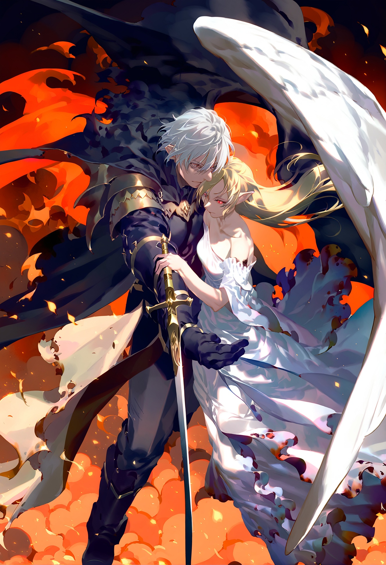 masterpiece, best quality, 1girl, weapon, 1boy, sword, long hair, holding, holding weapon, blonde hair, white hair, holding sword, pointy ears, gloves, red eyes, wings, cape, torn clothes, black gloves, dress, short hair, blue eyes, bare shoulders, white dress, torn cape, fire, hair between eyes, black footwear  <lora:REIKOXLlokr8f:1>