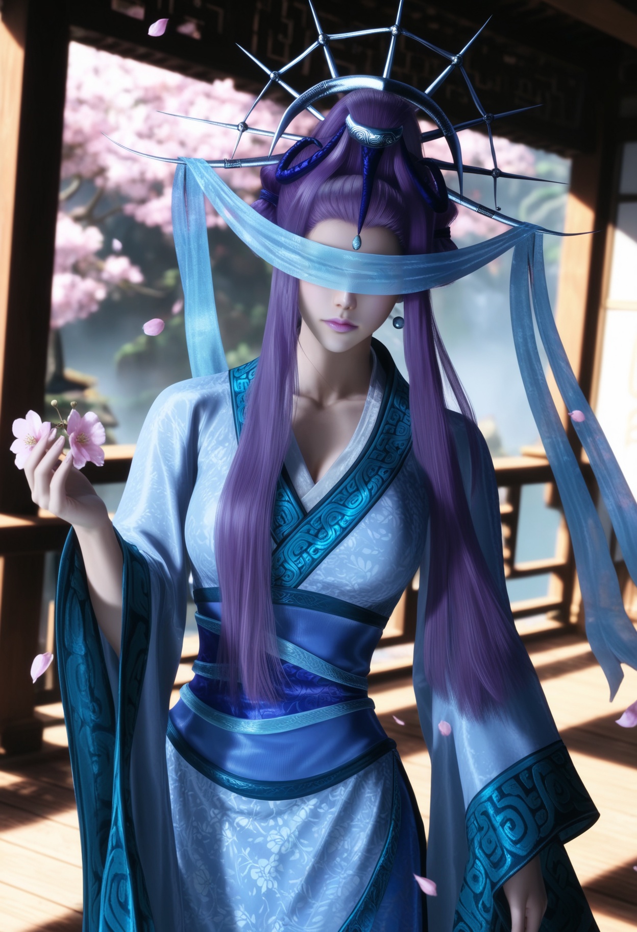 masterpiece,best quality,amazing quality,very aesthetic,high resolution,ultra-detailed,absurdres,scenery,photorealistic,(looking at viewer:1.1),(Dark room:1.3),(moody lighting:1.1),peach blossom,falling petals,(large breasts:1.2),yueshen,1girl,solo,purple hair,long hair,hair ornament,chinese clothes,jewelry,sidelocks,blindfold,earrings,hair bun,hair stick,sash,makeup,purple lips,collarbone,updo,shoes BREAK photorealistic details,<lora:QQSillyueshenV1:0.8>,