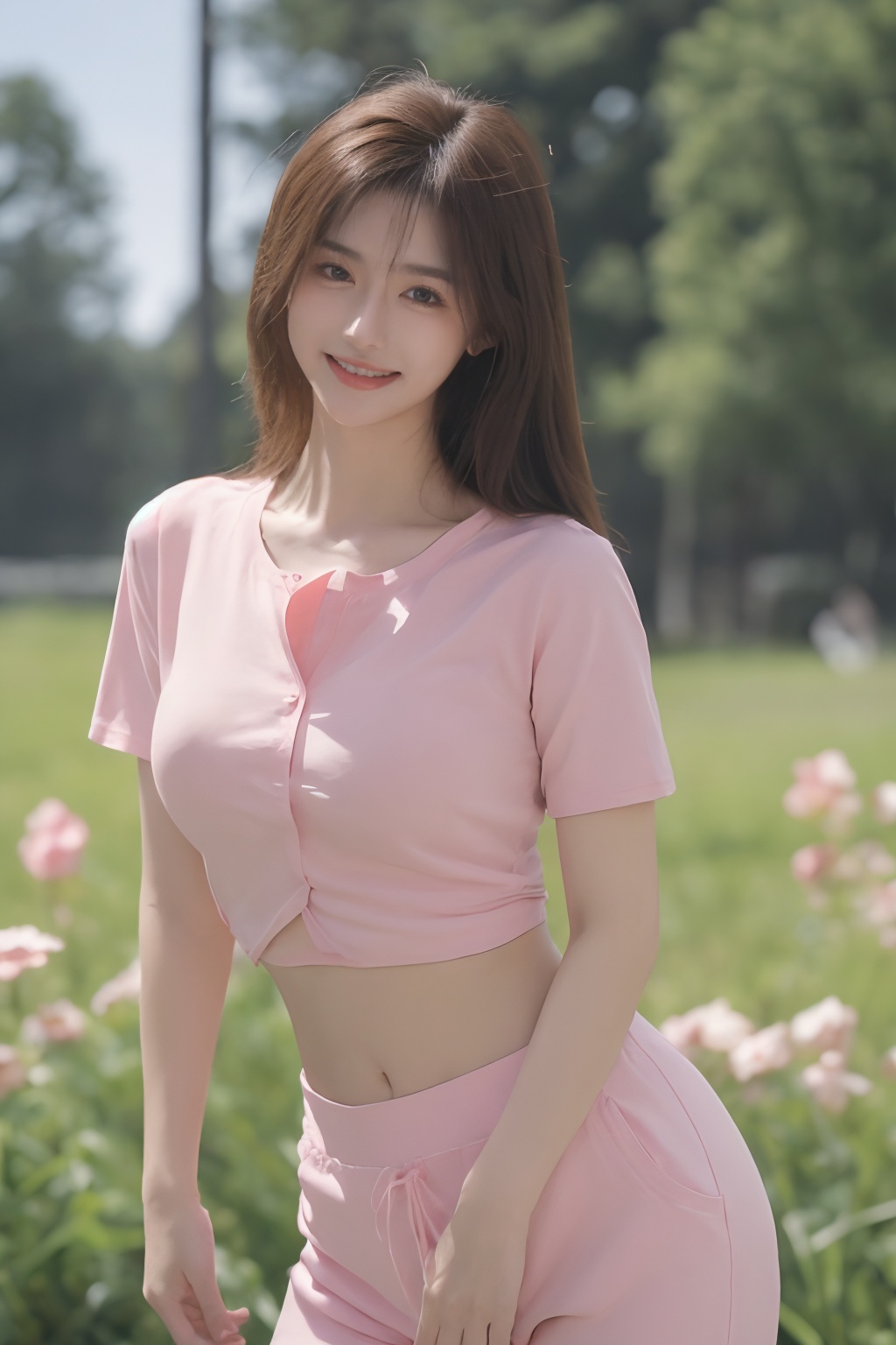 1girl, solo, outdoors, shirt, breasts, looking at viewer, brown hair, navel, flower, realistic, smile, pants, field, brown eyes, day, pink shirt, standing, long hair, sky, short sleeves, midriff, blurry, large breasts, yoga pants<lora:sifang_20231118123505:0.6>, 