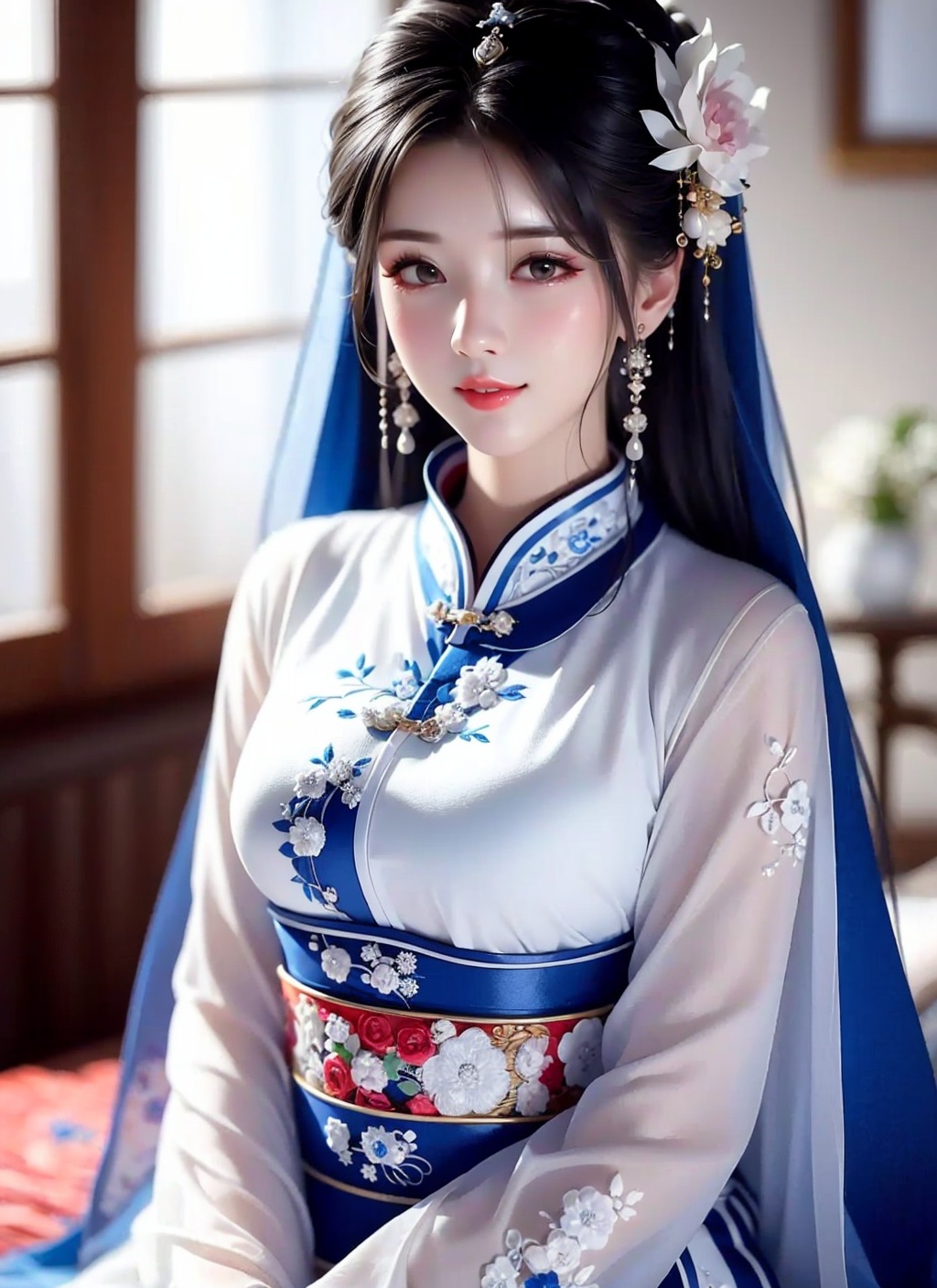 1 girl, Diamond earrings ,lipstick,,close one's eyes,,close-fitting,black hair,SRed ,, Chinese clothing,embroider，solo，Hanfu，veil，close the eyes，sit on the bed,chest，red， <lora:清纯汉服女孩:1>