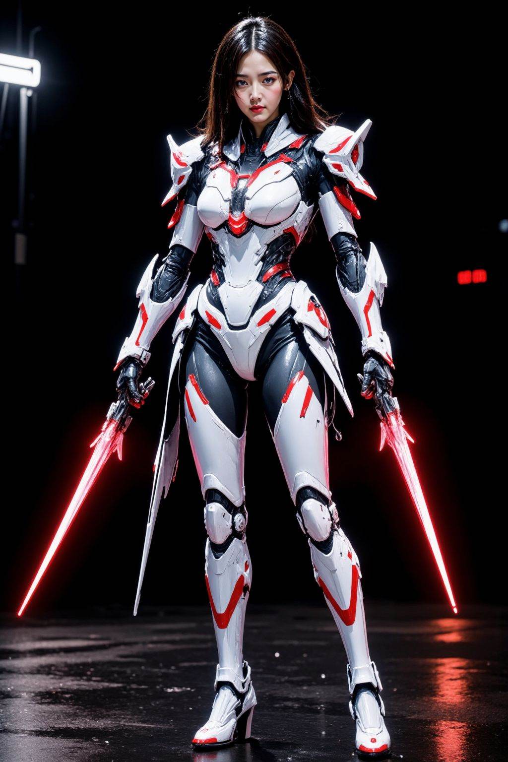 HDR photo of cinematic film still A futuristic female cyborg stands confidently against a black background. She has a slender, athletic build with long, straight black hair. Her skin is pale, almost porcelain-like. She wears a sleek, white and red armored suit with intricate, mechanical details. Her outfit includes a high-collared, form-fitting bodysuit, thigh-high boots, and red accents that resemble glowing energy blades. The suit's design is reminiscent of anime and sci-fi aesthetics, with a focus on sharp lines and a glossy finish. The lighting is dramatic, casting strong shadows and highlighting the metallic textures of her armor. The overall composition is dynamic and striking., full body, with a sword in hand, rain-soaked streets,neon signs reflecting off puddles, . shallow depth of field, vignette, highly detailed, high budget, bokeh, cinemascope, moody, epic, gorgeous, film grain, grainy . High dynamic range, vivid, rich details, clear shadows and highlights, realistic, intense, enhanced contrast, highly detailed