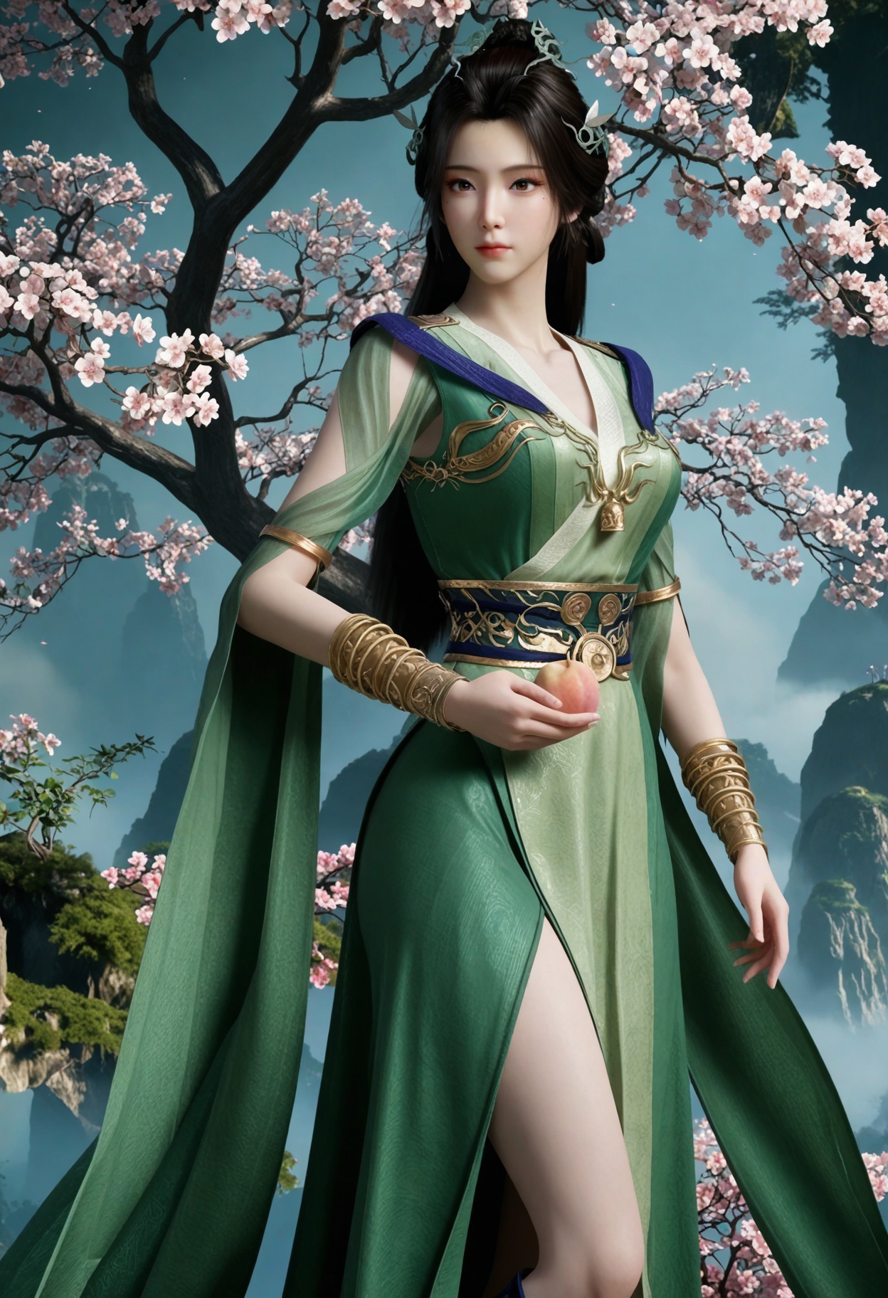 (looking at viewer:1.1),(moody lighting:1.1),peach blossom,falling petals,(large breasts:0.8),hanyunzhi,1girl,solo,black hair,long hair,hair ornament,green dress,realistic,dress,closed mouth,jewelry,bracelet,chinese clothes,sash,brown eyes,hair bun,boots BREAK masterpiece,best quality,(intricate details:0.9),(realistic skin:1.2),<lora:QQSillhanyunzhiV1:0.8>,