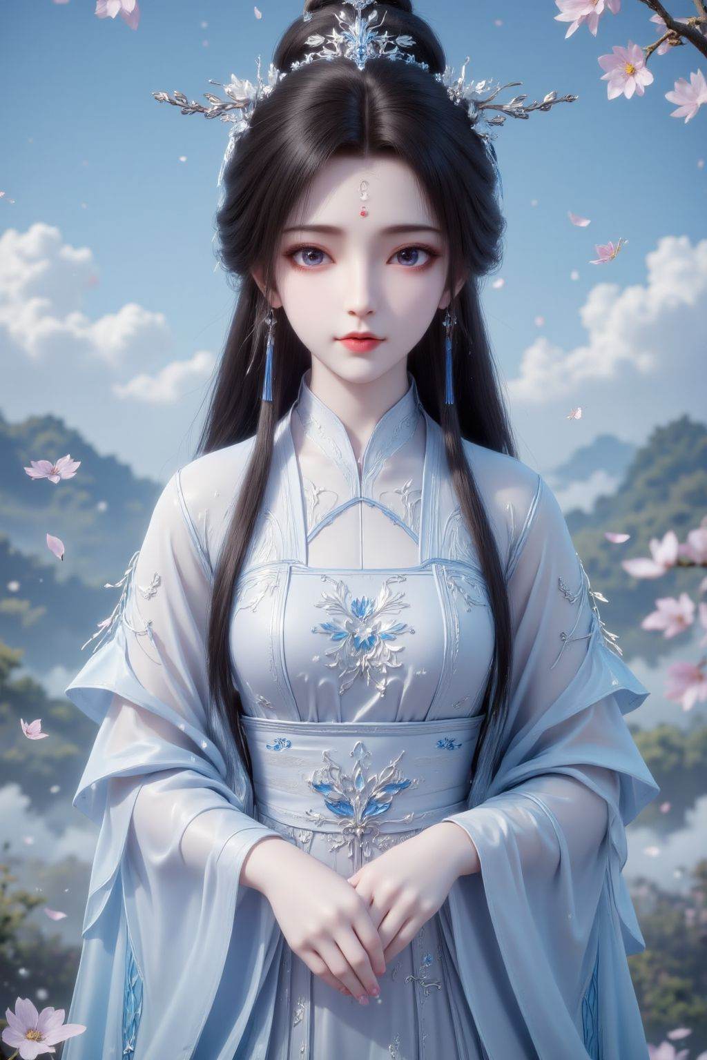 The image depicts a young girl with long, straight dark hair styled into two symmetrical ponytails that flow down her back. Her hair is adorned with an intricate white floral and vine-like hairpiece at the top. She has large, expressive eyes with a soft gaze, and a small, delicate bindi (forehead ornament) is present on her forehead. Her ears are decorated with long, dangling earrings featuring blue and silver accents. She wears a traditional light blue hanfu (ancient Chinese attire) with wide, flowing sleeves that drape elegantly. The hanfu’s bodice has detailed white embroidery with floral and swirling patterns, and the fabric appears soft and ethereal. Her hands are gently clasped together in front of her. The background is a serene light blue sky with scattered, fluffy white clouds. Small, white leaves are floating around her, adding a sense of movement and whimsy. The overall color palette is soft and pastel, with shades of blue, white, and subtle hints of other colors in the hairpiece and embroidery. The scene has a calm, ethereal, and slightly whimsical atmosphere., traditional Chinese painting