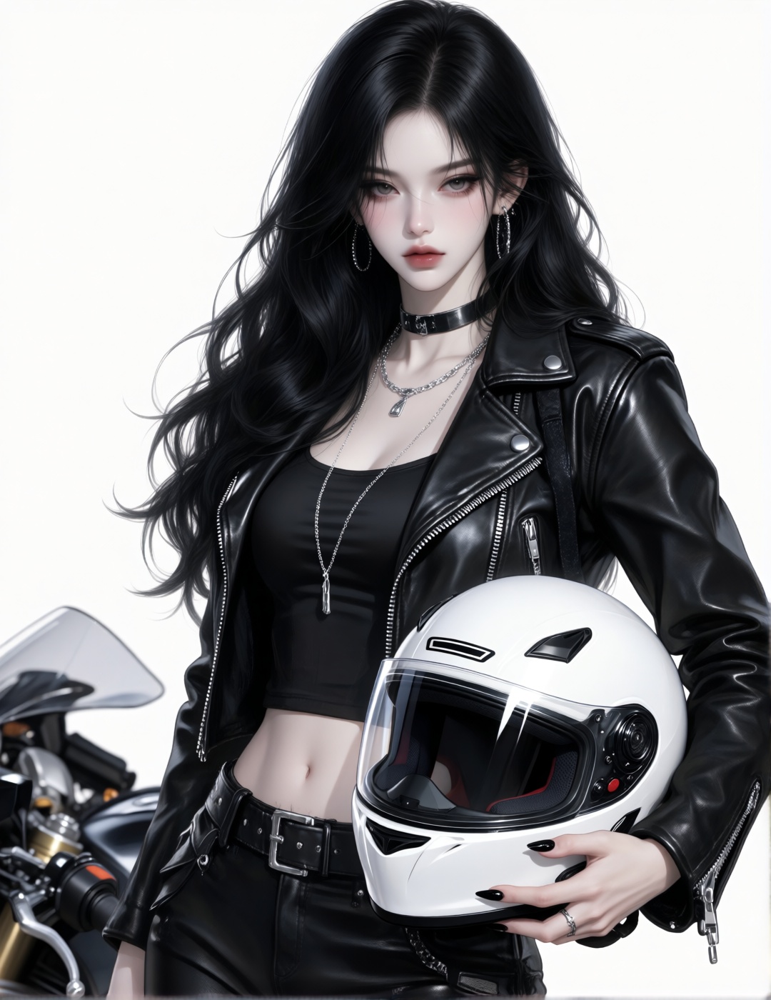 一幅高度精致的数字绘画,  黑发皮衣机车风:黑长卷发女性,  佩戴银色项链 by 小狗宾利 on Tensor.Art