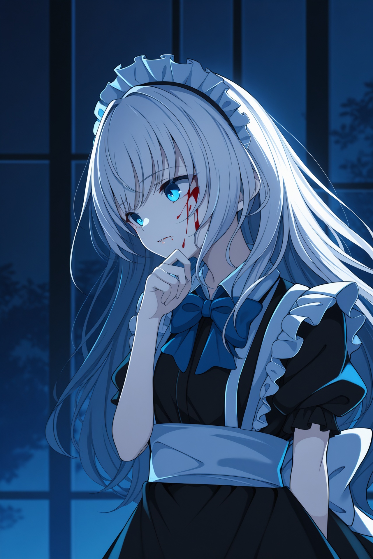 finely detail,Depth of field,(((masterpiece))),((extremely detailed CG unity 8k wallpaper)),best quality,high resolution illustration,Amazing,highres,intricate detail,best illumination,best shadow,(late at night),night,(Dark blue theme),Depth of field,window,White curtains,1girl,solo,bangs,blood on face,dark persona,white hair,Blue bow tie,maid,Short sleeve,apron,maid headdress,long hair,hand on own chin,teary-eyed,blood on clothes,blood,maid apron,