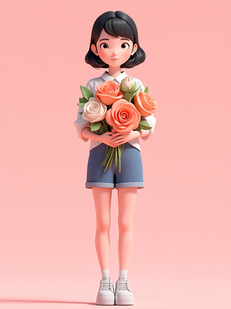 miluo_3d,3D, 3D rendering, C4D, cartoon-style version. A cute Asian girl holding flowers in her hands stands on a pink background, wearing blue shorts and white shoes. She has black hair with bangs below her shoulders. There is an oversized bouquet of roses in front of her, which adds colors to her character's features. The overall color scheme is bright, creating a warm atmosphere. <lora:miluo丨3D 1.3:1>
