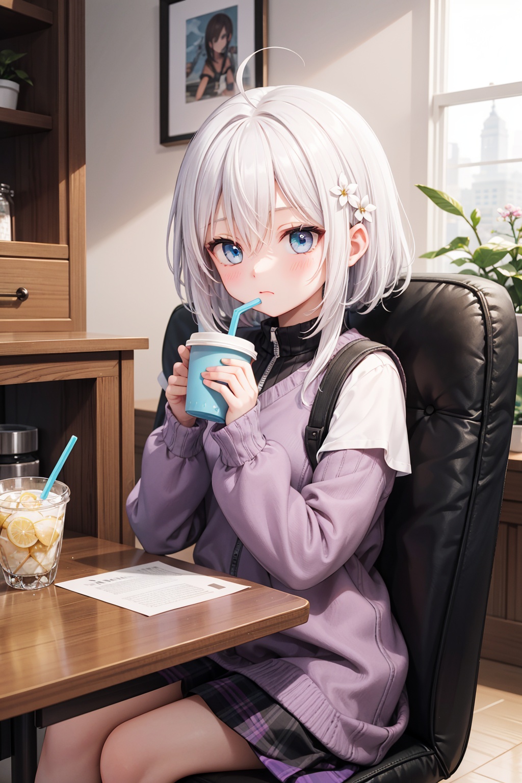 1girl, ahoge, blue_eyes, blurry, blurry_background, blurry_foreground, blush, chair, cup, depth_of_field, drinking_straw, flower, hair_between_eyes, holding, long_sleeves, looking_at_viewer, motion_blur, purple_flower, sitting, solo, table, white_flower, white_hair