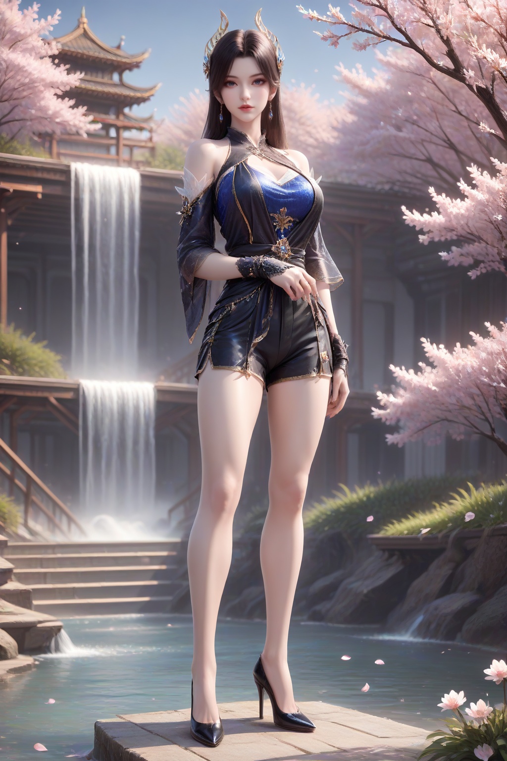 <lora:caoying_v2-000032:0.5>,caoying,1girl,long hair,hair ornament,solo,lips,lipstick,water,earrings,jewelry,falling petals,petals,flower,bare shoulders,brown hair,branch,cherry blossoms,black hair,full body,standing,(legs apart:1.2),looking at viewer,dynamic pose,leaning back,arm support,(outdoors,day,waterfall,sky,cloud,park,park bench,lamppost,),masterpiece,highres,absurdres,best quality,8K,high-res detailed,alternate costume,white costume,china dress,chinese clothes,puffy_shorts,looking at viewer,dynamic pose,outdoors,wall,sky,blue sky,cloud,<lora:sh-glossy_r2:0.5>,black_pantyhose,high heels,louboutin heels,black heels,red bottom heels,footwear,<lora:Louboutin_Heels__PONY:0.5>,<lora:LegLength&Muscular_400steps:1.5>,<lora:DetailedEyes_V3:0.5>,