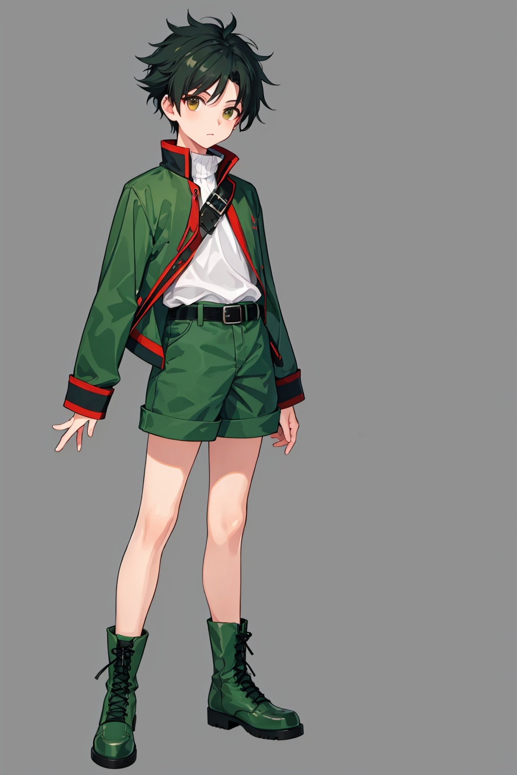 masterpiece,best quality, highly detailed, 1boy,gon freecss,green jacket,green shorts,long sleeves,male focus,belt,full body,solo,boots,closed mouth,green footwear,simple background,white background,looking at viewer,<lora:gon_freecss:1>