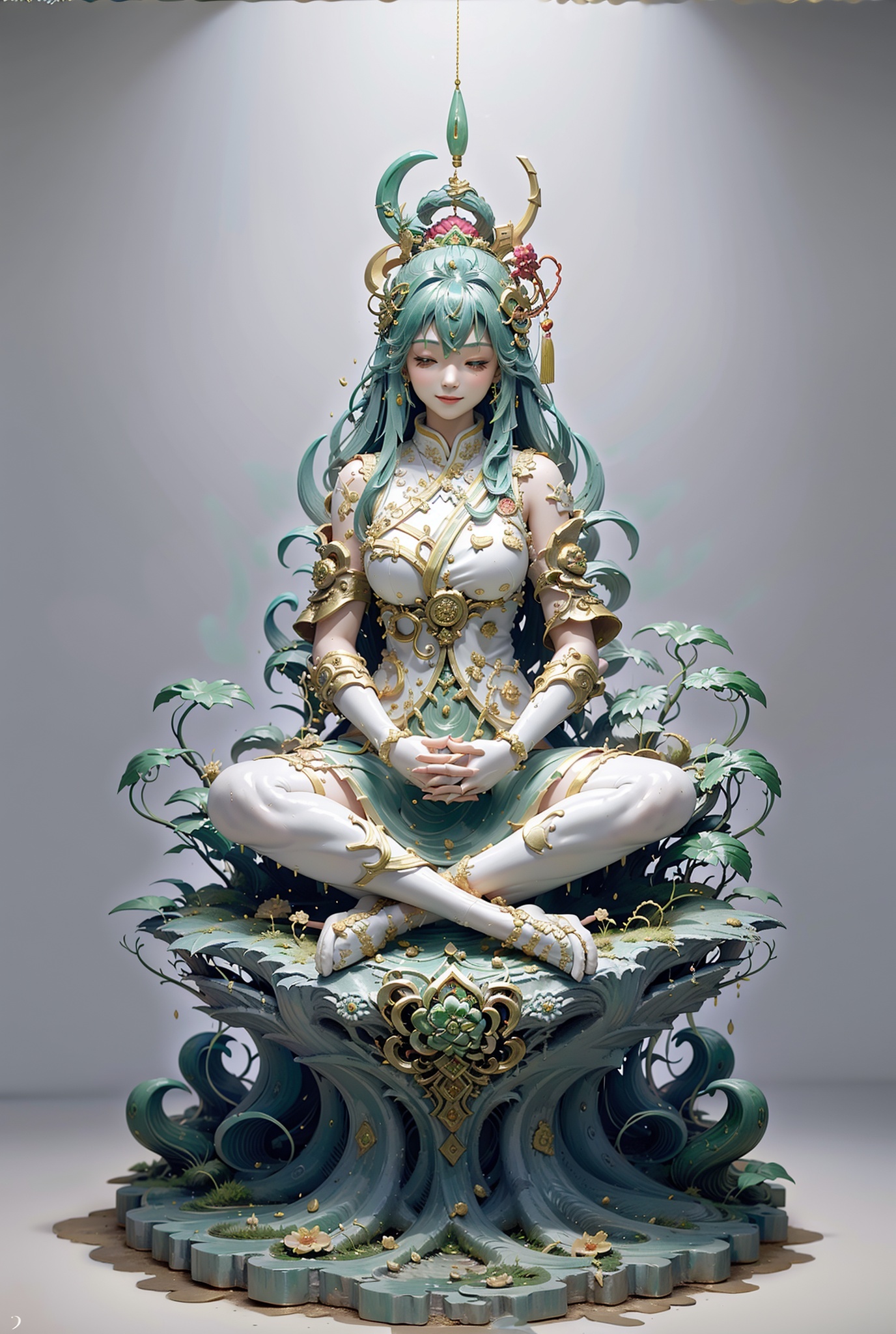 sg,Portrait,1 girl,full body,Long hair,lotus,Smile,Look at the audience,chinese style,(Simple background:1.2),(Jade material:1.5),(Base:1.5),