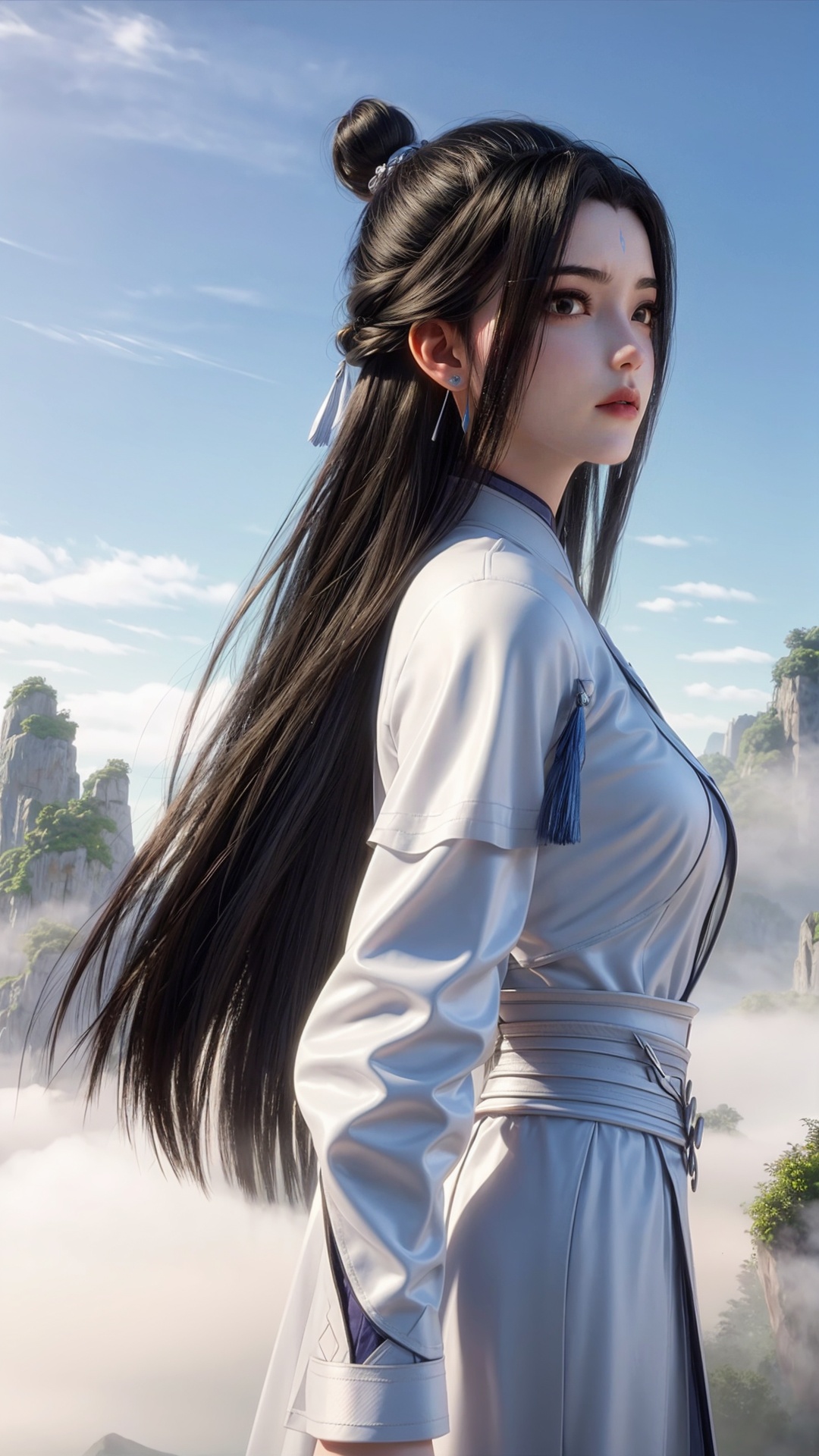 <lora:add_detail细节增加:0.7>,<lora:MHB:0.3>,1girl,solo,tassel,long sleeves,chinese clothes,outdoors,long hair,black hair,sky,day,jewelry,earrings,hair ornament,blue sky,hair bun,half updo,cloud,mountain,cloudy sky,single hair bun,very long hair,forehead mark,facial mark,black eyes,hair stick,fog,floating island,architecture,cliff,long_legs,(looking_at_viewer:1.2),thin,<lora:luxueqi:0.65>,