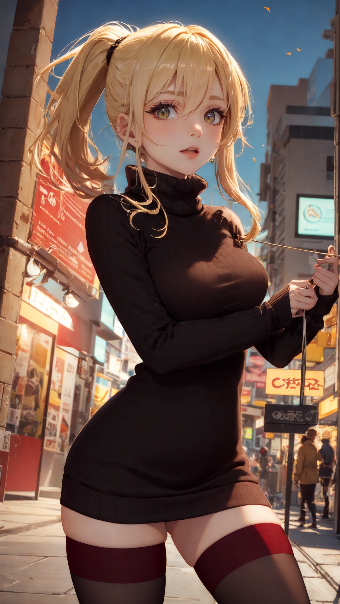 (tutututu:1.3), (red edge thighhighs), (red edge stockings),masterpiece, best quality, 1girl, shiny skin, cinematic lighting, medium breasts, looking at viewer, messy hair, blonde hair, yellow eyes, solo, autumn, outdoors,  windy, black sweater dress, ribbed, knit, turtleneck sweater dress, black pantyhose, walking, city, shopping, dynamic angle, close-up, ultra-detailed, 8k, rtx, ambient occlusion, rim lighting, bustling, <lora:tutuhb_00004:0.75>