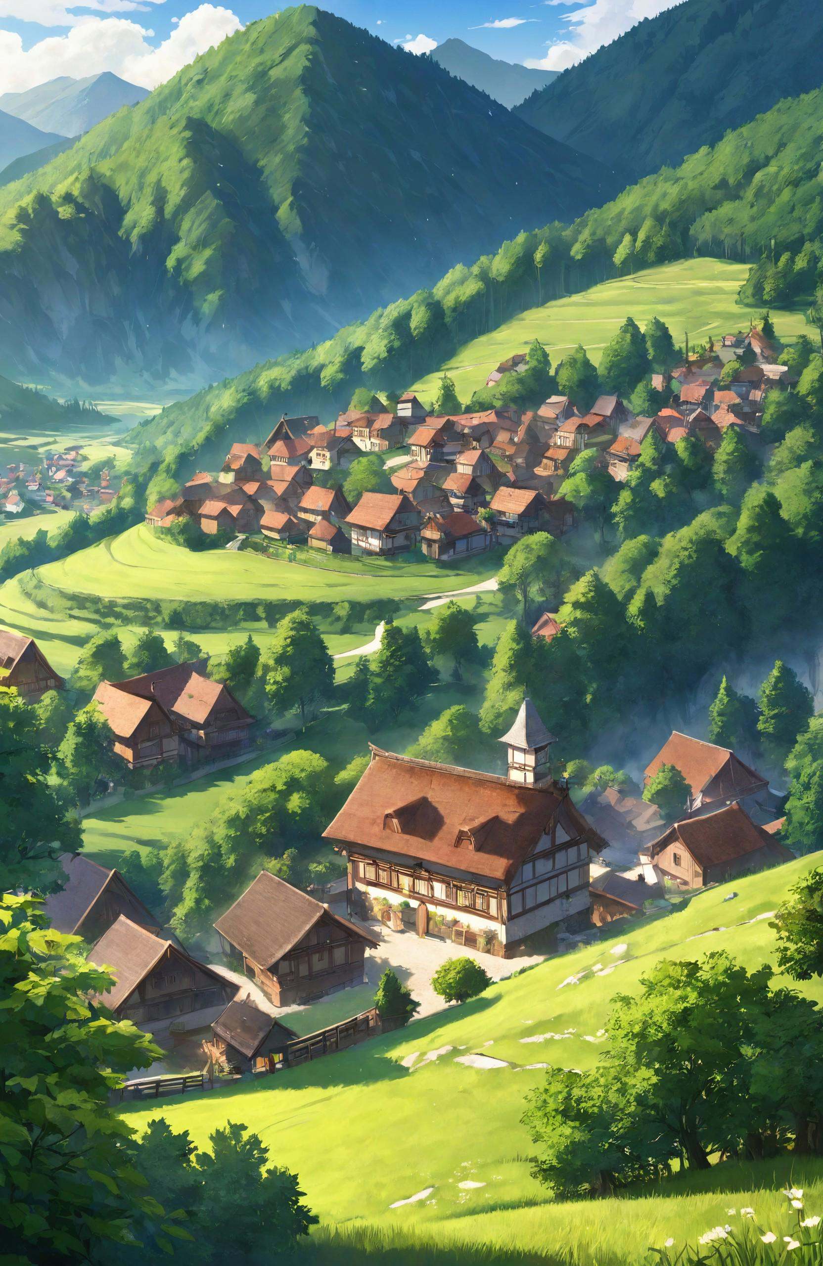 "Wanderlust,  a girl with a backpack exploring a serene,  sunlit mountain village on Tensor.Art