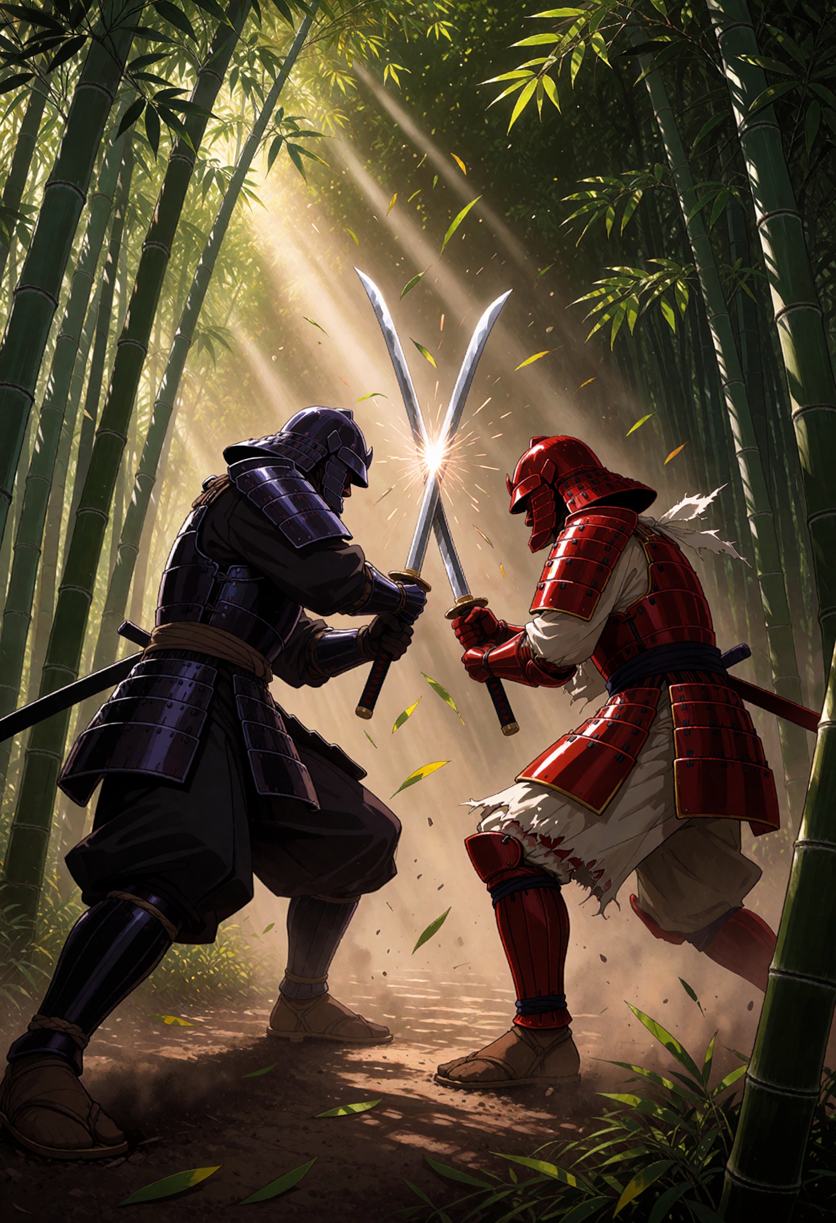 Two armored warriors face each other in a dense grove of tall green bamboo,  caught at the exact moment their curved sword...