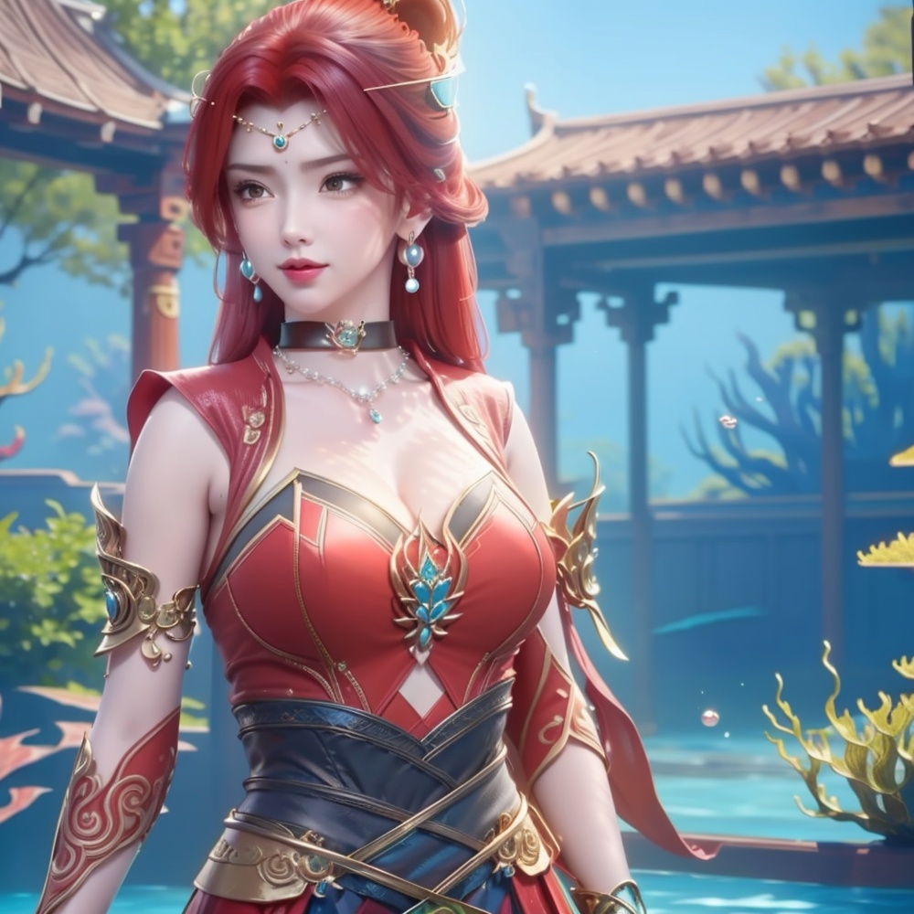 <lora:斗破苍穹-唐火儿:1>red hair,  (,1girl, ,best quality, ),looking at viewer,masterpiece, ((((, solo,  , ,solo focus, ,underwater, )))) ,ultra realistic 8k cg,   clean, masterpiece,     cinematic lighting, cinematic bloom,  (( , )),, , unreal, science fiction, luxury, jewelry, diamond, gold, pearl, gem, sapphire, ruby, emerald, intricate detail, delicate pattern, charming, alluring, seductive, erotic, enchanting, hair ornament, necklace, earrings, bracelet, armlet,,(cleavage),