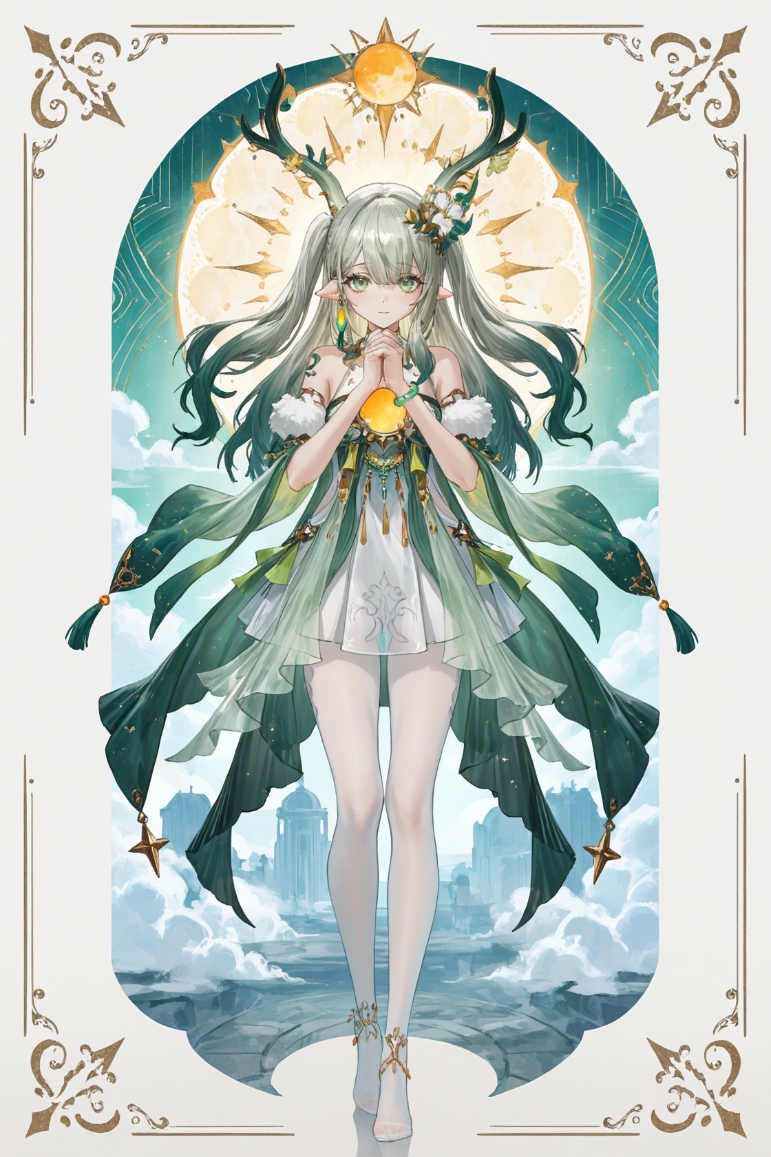 8k,masterpiece,best quality,amazing quality,very aesthetic,absurdres,(ultra-detailed),(high detailed skin),((artist:betabeet)),artist:john_kafka,artist:nixeu,artist:quasarcake,original,normal_quality,(by xilmo, by modare, by reoen:1.1),(hyperrealistic:1.1),(high_contrast:1.1),(holy_(\theme\):1.2),(card_\(theme\):1.1),solo,long hair,fur trim,large breasts,(white-color-scheme:1.1),character card,abstract sun,moon and stars,thick line,solo,<lora:weimo-noob-Tanger-000013:0.8>,weimo \(book of yog\),weimodef,clothes: weimodef clothes,weimodef green-and-white dress,weimodef green ribbon,weimodef flower hair ornament,weimodef white pantyhose,weimodef detached sleeves,weimodef green-and-white deer horns,jewelry,twintails,1girl,long hair,antlers,see-through,grey hair,green hair,multicolored hair,small breasts,loli,full body,cute,dynamic pose,praying, <lora:neg101-000008:0.3>,murals,holy light,mural sun,simple white background,angels come,clouds,card border,frame pattern,