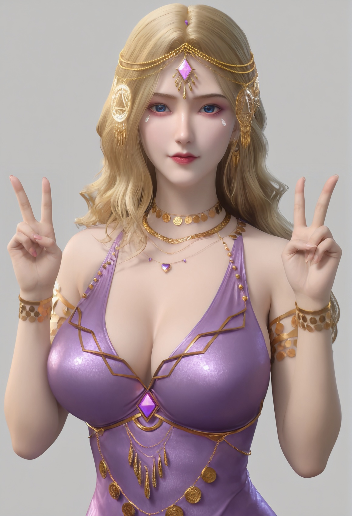 (score_9),<lora:卡丹1-Apony:0.83>,kardan,(mature_female),solo,blonde hair,long hair,hair ornament,jewelry,necklace,forehead jewel,head chain,gem,armlet,bracelet,purple dress,<lora:perfect eyes_v1:1>,blue eyes,looking at viewer,front view,light blush,<lora:Expressive_H-000001:0.8>,double v,(glamor:1.2),curvy,collarbone,pointy breasts,puffy breasts,large breasts,narrow waist,simple background,grey background,<lora:皮肤凹痕:1.2>,