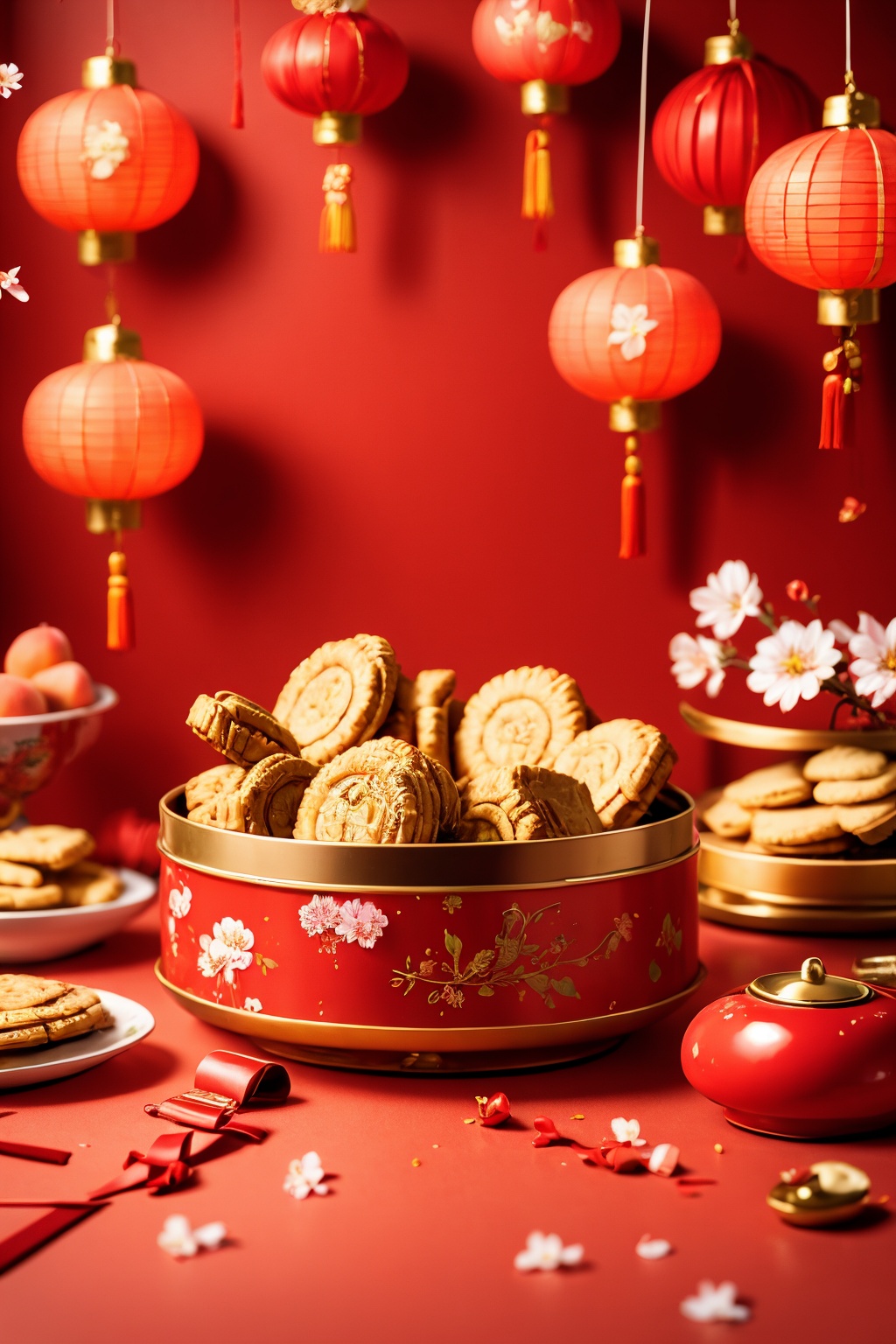 <lora:ChineseNewYear:0.8>, chinese new year, chinesenewyearstyle, no humans, hand fan, folding fan, peach blossom, red theme, red ribbon, flower, blurry, paper lantern, ribbon, lantern, red background, food, biscuit, still life, floral print, petals, depth of field, branch