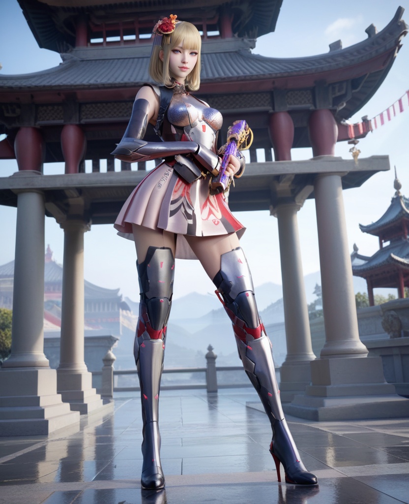 (oriental architecture, elegant decor, sophisticated style:1.1),(With hips tilted to one side, hands resting just below her waist, she showcases a coy allure that's hard to resist:1.1),(breasts:1.2),<lora:XL穿越火线岚希儿灵魂舞者:0.95>,miss lanxier,chrome-fit battle top,neon pink skirt,blue eyes,blunt bangs,blonde hair,hair flower,black pauldrons,arm guards,armored high-heeled greaves,holstered,, score_9,score_8_up,score_7_up,score_6_up,score_5_up,score_4_up,3d rendering,tag1,tag2, Cinematic Lighting,backlighting,, zPDXL3, zPDXL2,zPDXL, zPDXLxxx, zPDXLrl,