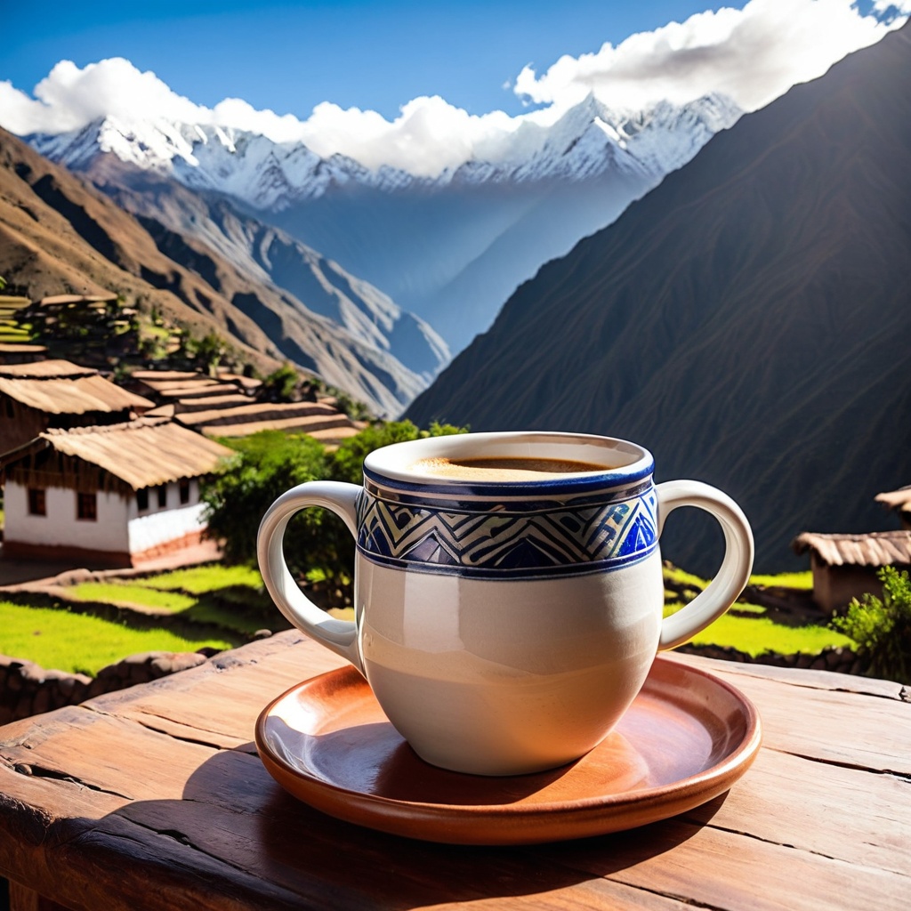 sceneandeahighl,  a ceramic coffee mug,  Andean highland village table on Tensor.Art