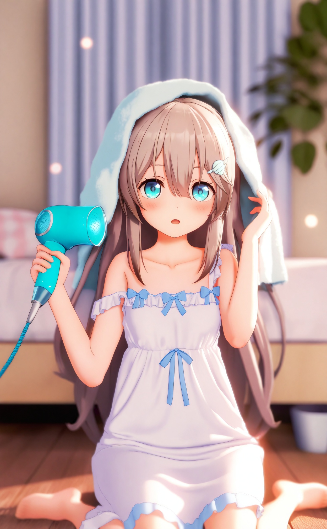 masterpiece,absurdres,best quality,loli,petite,high quality,chromatic_aberration,//,1girl,drying hair,hair dryer,drying,solo,sitting,long hair,towel on head,plant,strap slip,indoors,holding,bed,potted plant,barefoot,dress,white dress,blush,towel,blue eyes,looking at viewer,curtains,hair ornament,bedroom,open mouth,pillow,hair between eyes,on floor,sleeveless dress,holding hair,wariza,brown hair,sleeveless,on bed,nightgown,frilled dress,bare shoulders,collarbone,bow,aqua eyes,frills,blue bow,hairclip,very long hair,wooden floor,light brown hair,rug,sleepwear,shell hair ornament,sundress,hand in own hair,hands up,bare arms,grey hair,//,Depth of field,(colorful),hdr,Tyndall effect,depth of field,Tyndall Effect,blurry,blurry_background,depth_of_field,bokeh,glowing,//,<lora:MMDguangwuran6——【noob】hans:0.9>,