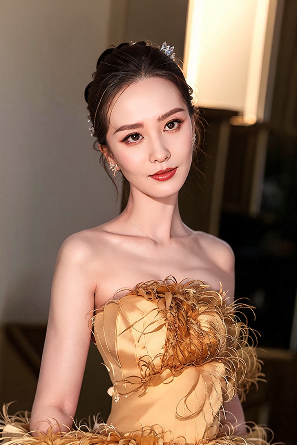a woman in a dress with a feathered skirt and a tiara on her head,posing for a picture,ultra high ers,(photorealistic:1.4),<lora:刘诗诗:1>,