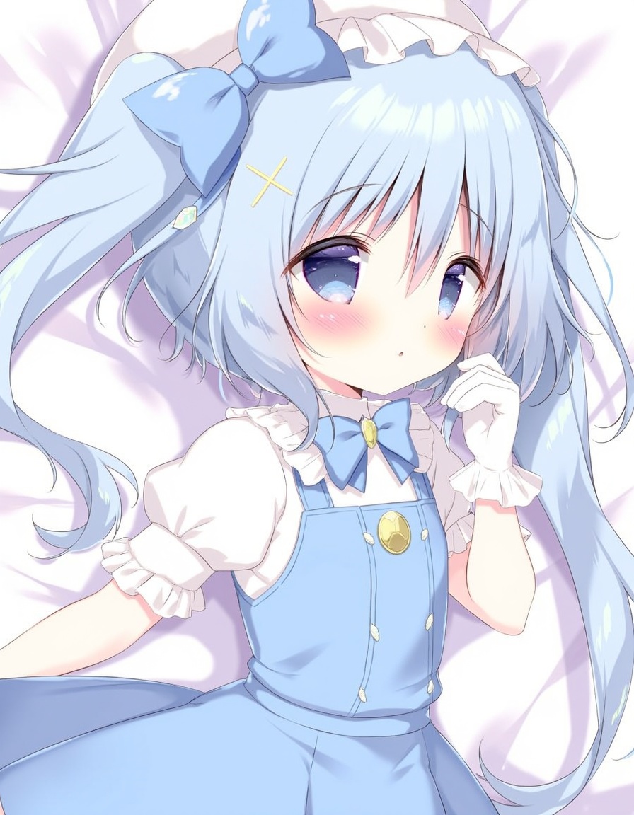 shiratama_(shiratamaco), commentary_request, 1girl, animal_ear_headwear, blue_bow, blue_bowtie, blue_dress, blue_eyes, blue_hair, blush, bow, bowtie, crystal, dress, frilled_gloves, frills, gloves, hair_ornament, hat, light_blue_hair, long_hair, looking_at_viewer, lying, on_back, on_bed, puffy_short_sleeves, puffy_sleeves, shirt, short_sleeves, solo, twintails, white_gloves, white_hat, white_shirt, x_hair_ornament, kafuu_chino, gochuumon_wa_usagi_desu_ka?, year_2024,, <lora:flux-Shiratamaco-000008:1>
