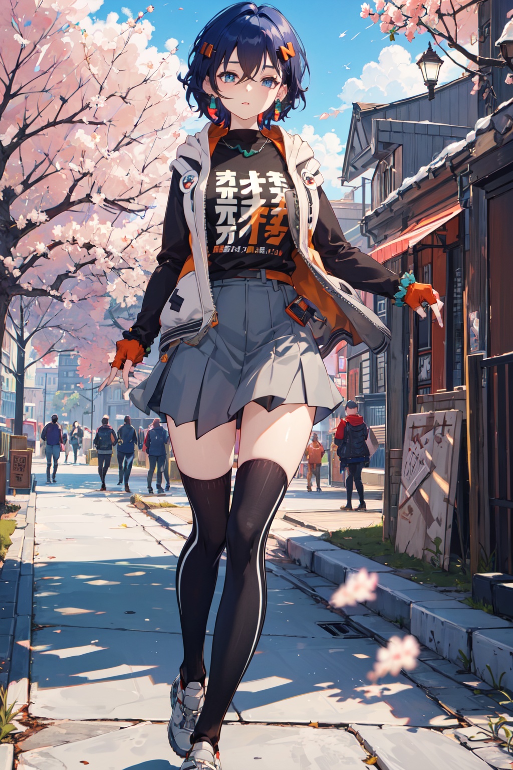 <lora:Belle-000018:0.8>,Belle CYQL,1girl,looking at viewer,solo,blue hair,short hair,hair between eyes,blue eyes,jewelry,hair ornament,hairclip,earrings,hood,jacket,shirt,black shirt,long sleeves,open clothes,open jacket,black jacket,multicolored clothes,fingerless gloves,wrist scrunchie,grey skirt,asymmetrical legwear,uneven legwear,single kneehigh,single sock,shoes,yandere,upper_body,With the spring breeze, cherry blossom petals flutter beneath the trees in a confetti of pink and white, dancing lightly with the wind. A subtle fragrance fills the air,beautiful detailed sky,beautiful detailed glow,posing in front of a colorful and dynamic background,masterpiece,best quality,beautiful and aesthetic,contrapposto,female focus,wallpaper,