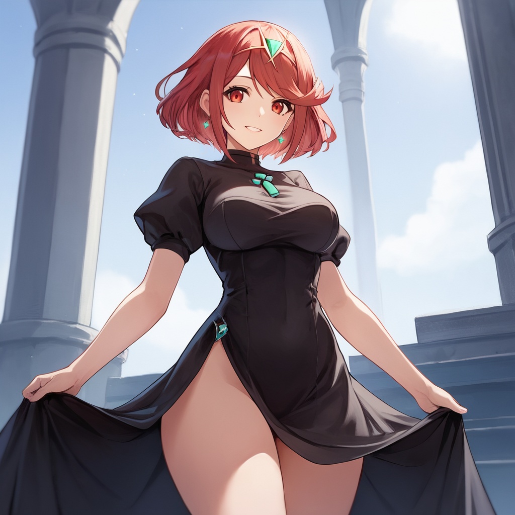 (skirt_hold:1.2),score_9,score_8_up,score_7_up,source_anime,long_dress,formal_dress,pyra \(xenoblade\),<lora:pyrapony-V44:0.4>,1girl,solo,smile,red eyes,red hair,short hair,large breasts,tiara,earrings,jewelry,swept bangs,thighs,(leaning_forward:0.6),cowboy_shot,castle,indoor,night,<lora:Fixhands_anime_bdsqlsz_V1:1>,