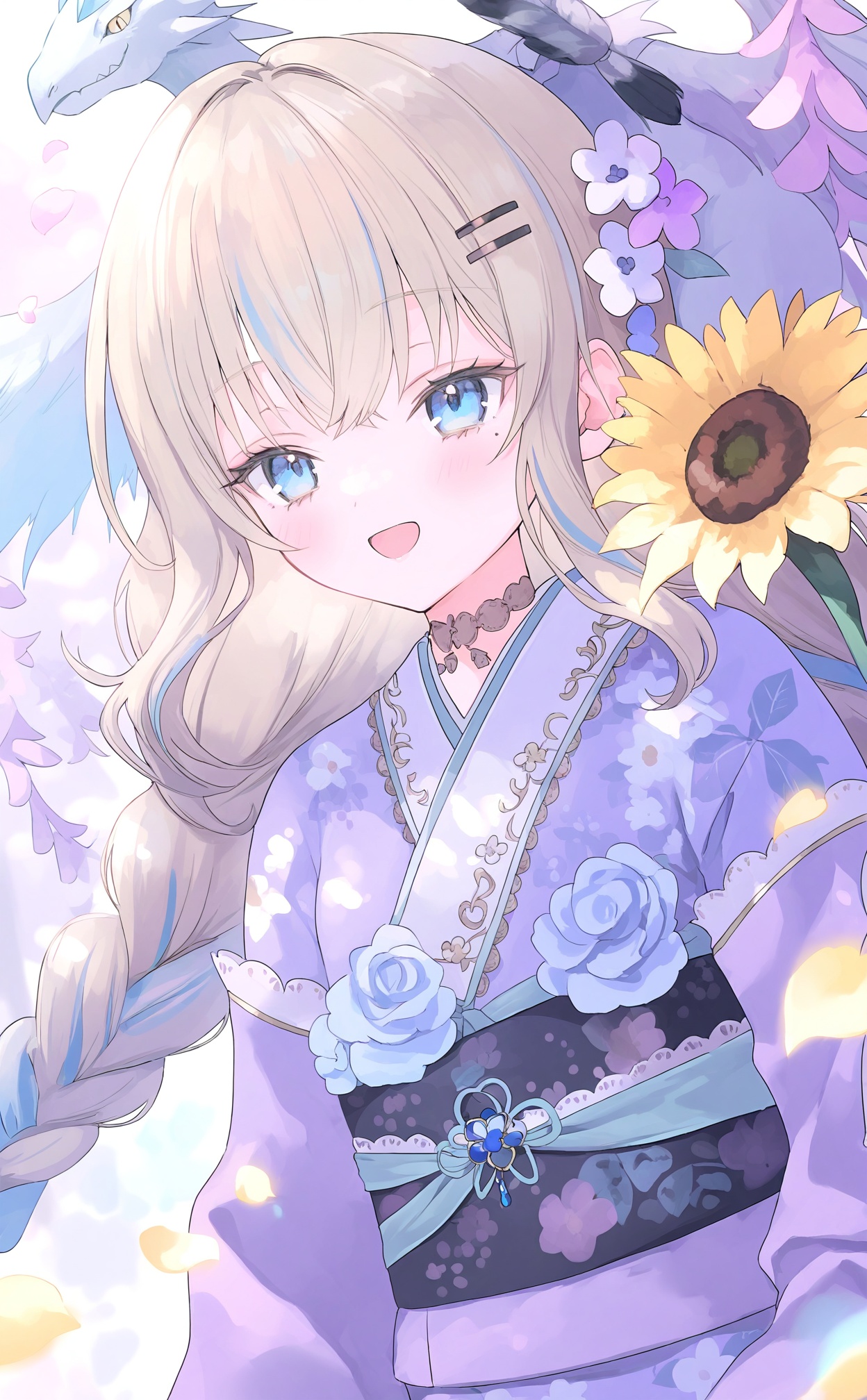 masterpiece,absurdres,best quality,loli,petite,high quality,chromatic_aberration,//,1girl, flower, kimono, dragon, japanese_clothes, hair_ornament, blue_eyes, sash, virtual_youtuber, sunflower, obi, floral_print, mole_under_eye, hairclip, mole, multicolored_hair, purple_flower, smile, petals, blue_flower, long_hair, braid, falling_petals, solo, open_mouth, rose, blue_hair, year_of_the_dragon, blonde_hair, blue_rose, twin_braids, purple_kimono, streaked_hair, floral_print_kimono, low-braided_long_hair, paintbrush, upper_body, purple_rose, black_sash, eastern_dragon, white_flower, necklace, choker, obijime, 2024//,<lora:guimao2025.10.24——【noob】hans:1>,