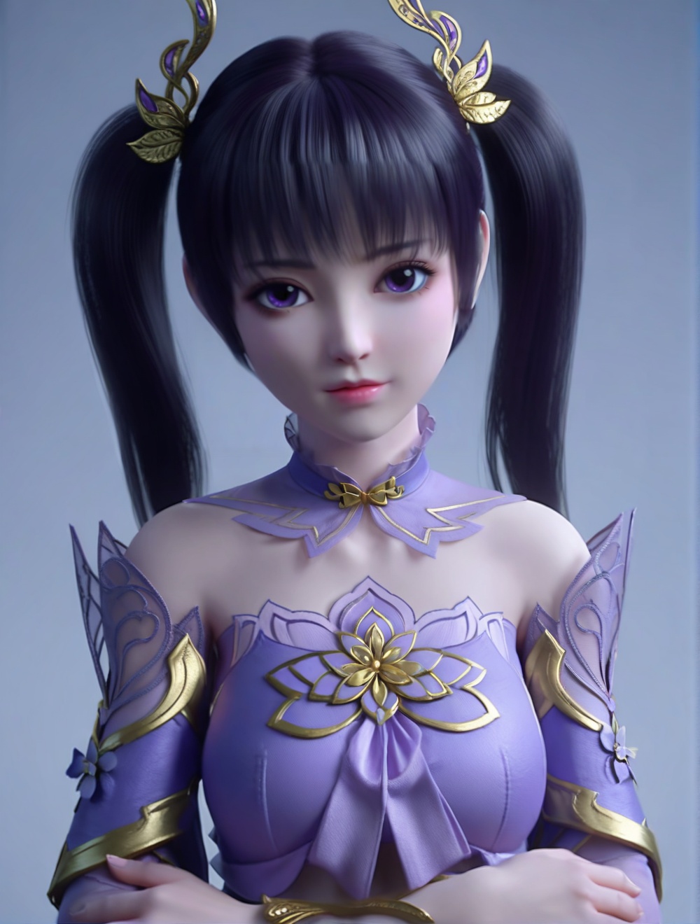 fair_skin,white_skin,Ivory_skin,score_9,<lora:SF_ZiYan_Pony_Realism-000004:0.7>,purple dress,hair ornament,black hair,twintails,1girl,breasts,large breasts,standing,solo,looking at viewer,simple background,upper body,