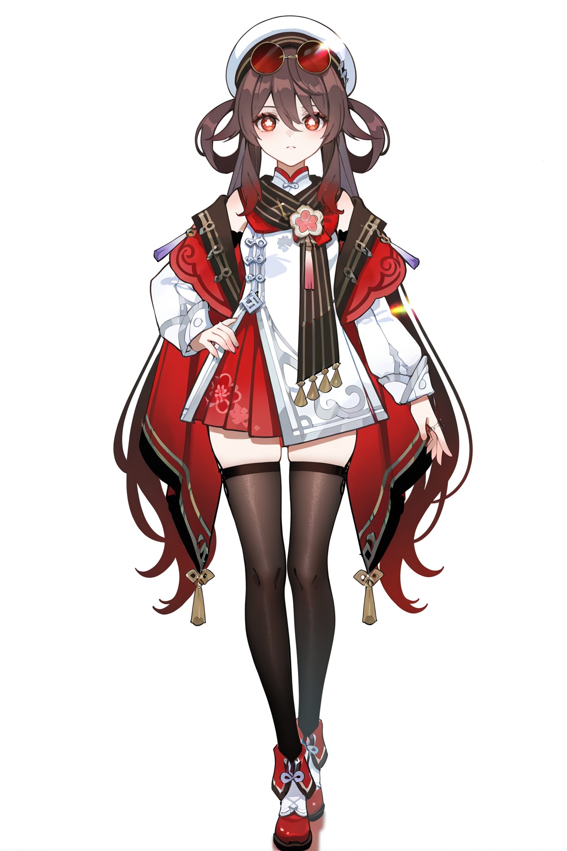 8k,best quality,masterpiece,(ultra-detailed),(high detailed skin),((artist:reoen),(artist:fuzichoco),(artist:atdan),(artist:torino_aqua),year 2024:0.8)1girl,[artist:wlop],[artist:ningen_mame],artist:ciloranko,[[artist:rhasta]],artist:tidsean,colorful,detailed light,light leaks,sunlight,bokeh,blurry foreground,ray tracing,lens flare,cinematic lighting,full body,full shot,standing,looking at viewer,(solo:1.2),simple background,(white background:1.2),hand on own hip,(white background:1.1),<lora:huxiang-noob-Tanger-000014:0.8>,hu tao \(cherries snow-laden\) \(genshin impact\),clothes:cherries snow-laden,flower-shaped pupils,1girl,hat,long hair,symbol-shaped pupils,scarf,hair rings,black thighhighs,red eyes,sunglasses,brown hair,long sleeves,zettai ryouiki,hair between eyes,A full-body portrait of a young girl,standing gracefully,pastel art style,high-key lighting,shoujo manga influence,hd quality,delicate details,
