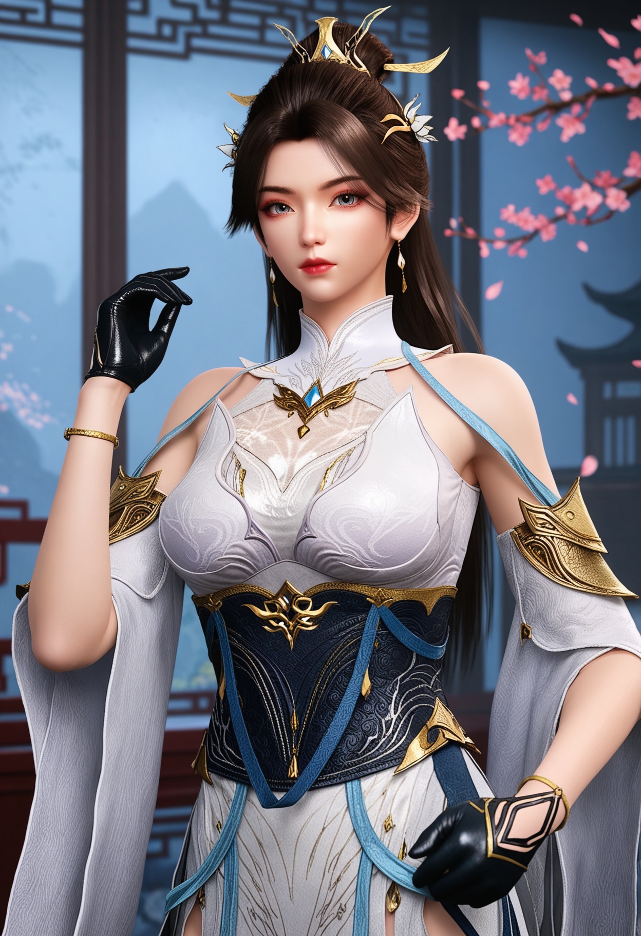 (upper_body:1.2),(looking at viewer:1.1),masterpiece,(best quality),smog,Dark room,dim lighting,peach blossom,falling petals,<lora:YQ_Illustrious光辉v5_灵溪_V1:0.8>,q1528437228,1girl,solo,jewelry,long hair,hair ornament,earrings,brown hair,dress,white dress,hair bun,black hair,detached sleeves,chinese clothes,gloves,ponytail,black gloves,single hair bun,high heels,brown eyes,grey eyes,blue eyes,sash,bracelet,