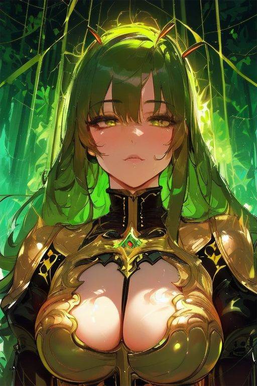 Sexy woman with gold and green mechanical body,  glowing green face,  glowing green skin on Tensor.Art