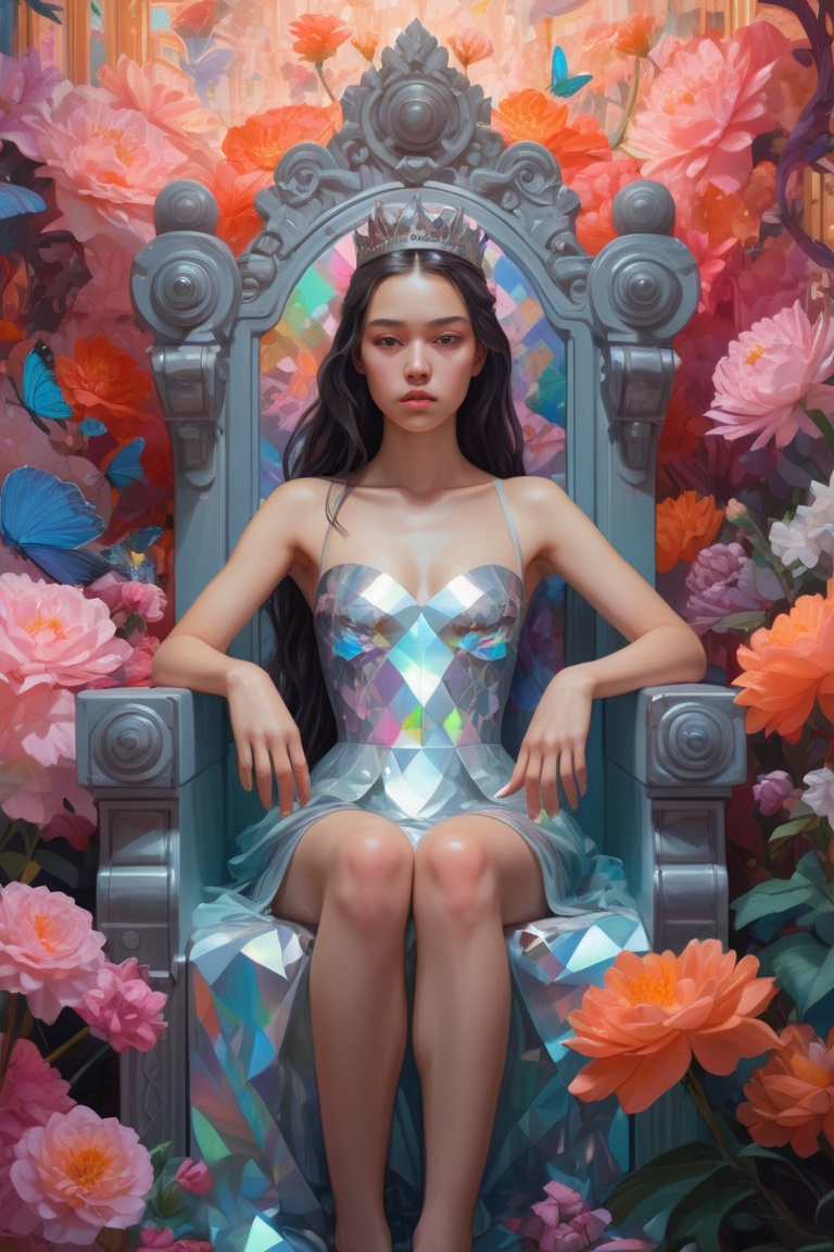 princess girl sitting on her throne,  surroundedby flowers,  fairytale princess on Tensor.Art