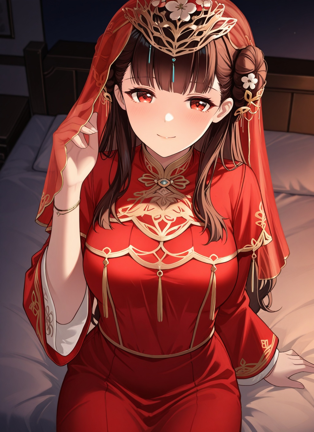 <lora:yat_sen_IL_v1.0:1>,yat sen \(coronal afterglow\) \(azur lane\),chinese wedding,smile,veil,hand on veil,from above,sitting on bed,upper body,night,dim,dark,chinese bed,indoors,, masterpiece,best quality,