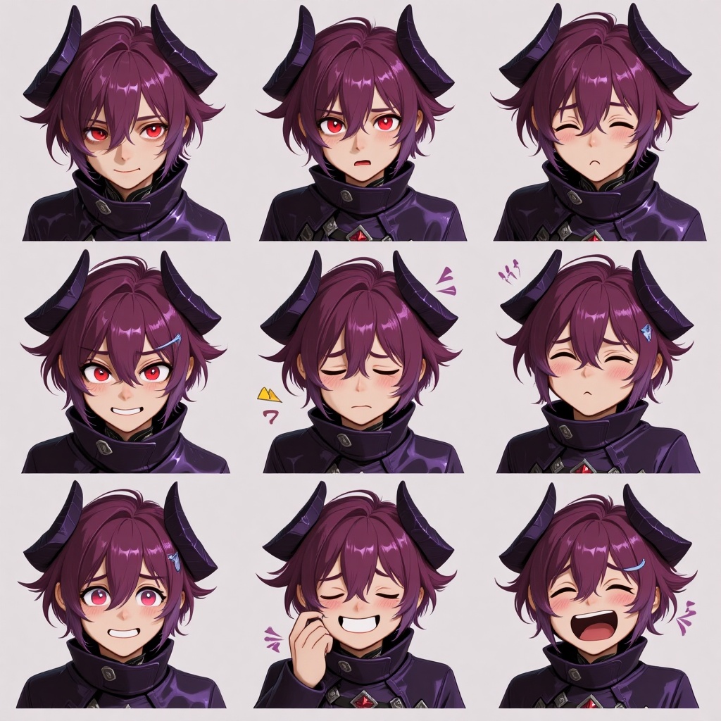Transform the image into a 9-grid emoji pack featuring the original character (with purple hair,  red eyes,  and dark purp...