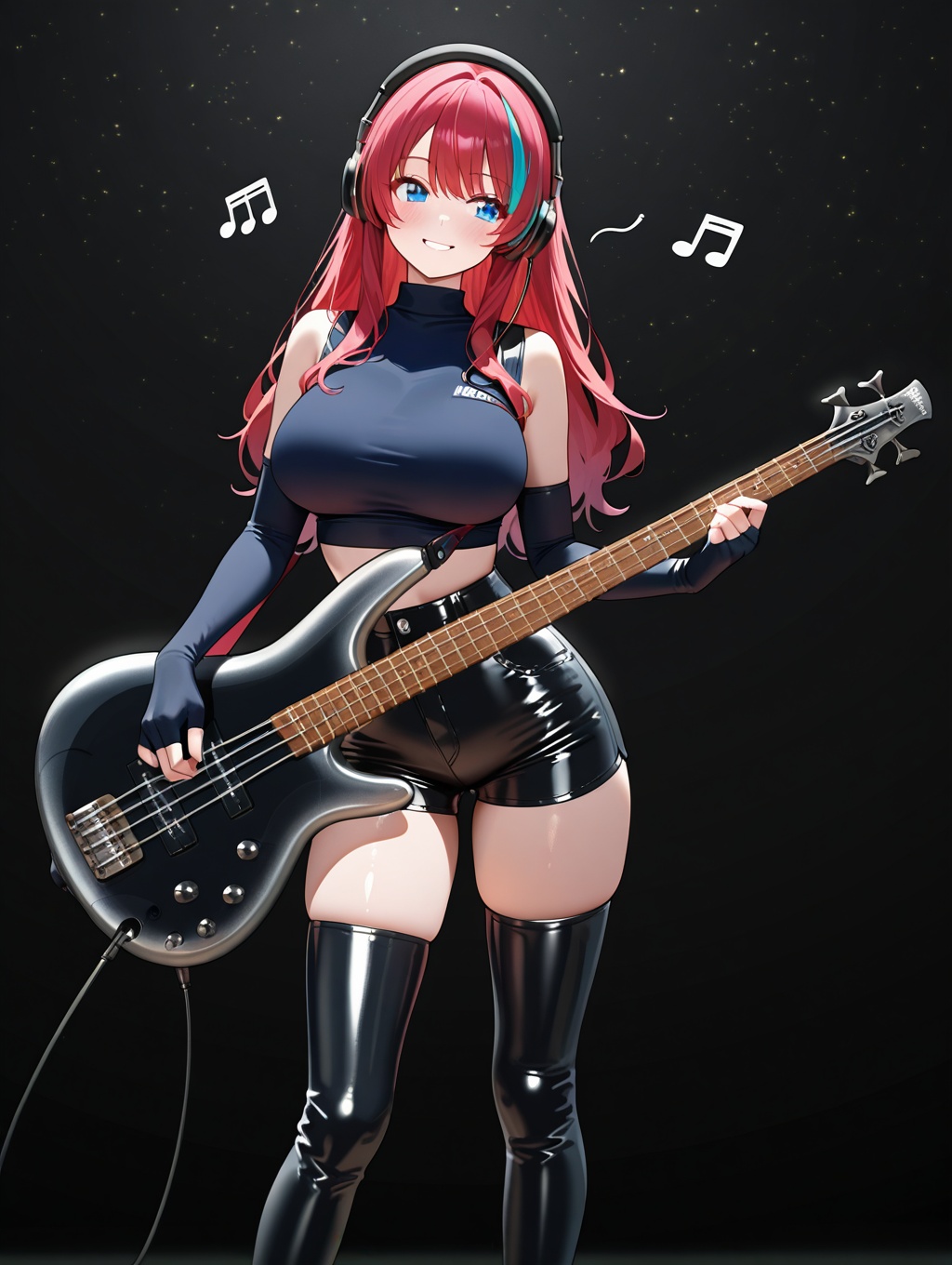 (1woman playing bass guitar),lighting strom,big breasts,smile,beautiful eyes,cool tone long hair,streaked long hair,she wear a emon \(glossy black\),sleeveless,high-neck crop top made of shiny,stretchy material that hugs her torso and highlights her slim waist. The top has a slight sheen,making it look like leather or vinyl. She's paired it with high-waisted black leather shorts that have a shiny finish and zippers on the sides,showing off her fit legs,elbow fingerless gloves,lovestruck,headphone,highheel thigh boots,musical notes,starry sky,textures,detailed texture,very detailed face,masterpiece,best quality,good quality,very awa,very aesthetic,absurdres,newest,<lora:SR300E X20A10:1>,