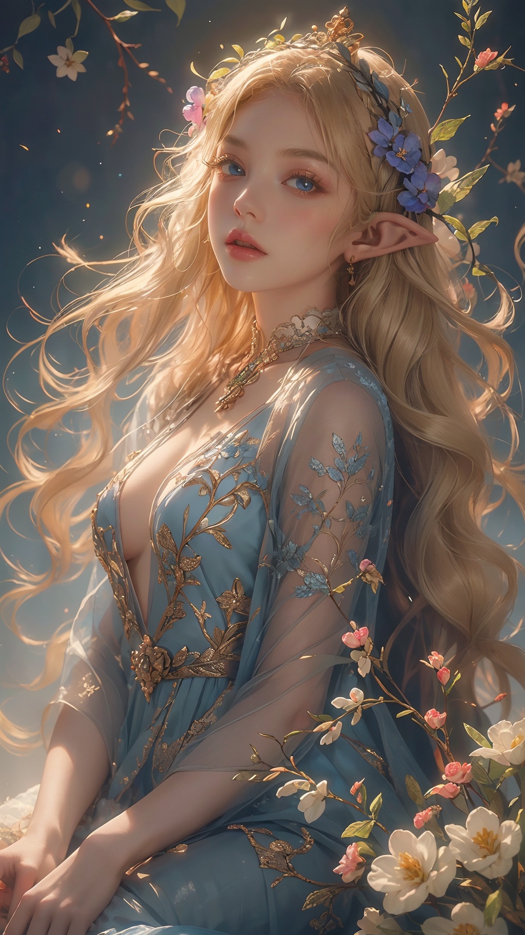 Illustrative style,1girl,front view,full body:1.4,young woman elf,cute cartoon character,She wore a garland of flowers on her head,Long blonde hair,blue eyes,vibrant colors,colorful,cute,adorable,intricately-detailed,delicate,beautiful,stunning,breathtaking,intricate detail,insanely high detail,volumetric lighting,fantasy background.flat,best quality,TT seecolor Flower field,<lora:光v3:0.8>,