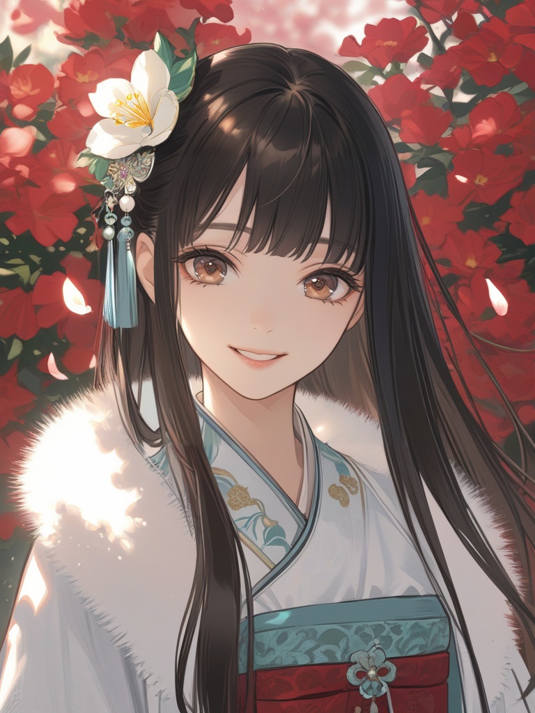 (best quality), ((masterpiece)), (highres), illustration, original, extremely detailed,<lora:古风·丝路恋语:0.7>licg, 1girl, solo, long hair, flower, smile, hair ornament, looking at viewer, black hair, upper body, chinese clothes, bangs, brown eyes, petals