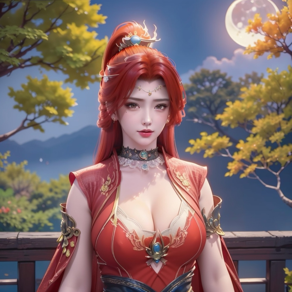 <lora:斗破苍穹-唐火儿:1>red hair,  (,1girl, ,best quality, ),looking at viewer,  ,ultra detailed background,ultra detailed background,ultra realistic 8k cg, ,masterpiece, (( , )),, ,fiction,mole,,      ,(cleavage), (),  ,see-through, lace, (((, solo, moon, , bare_tree, )))(cleavage),