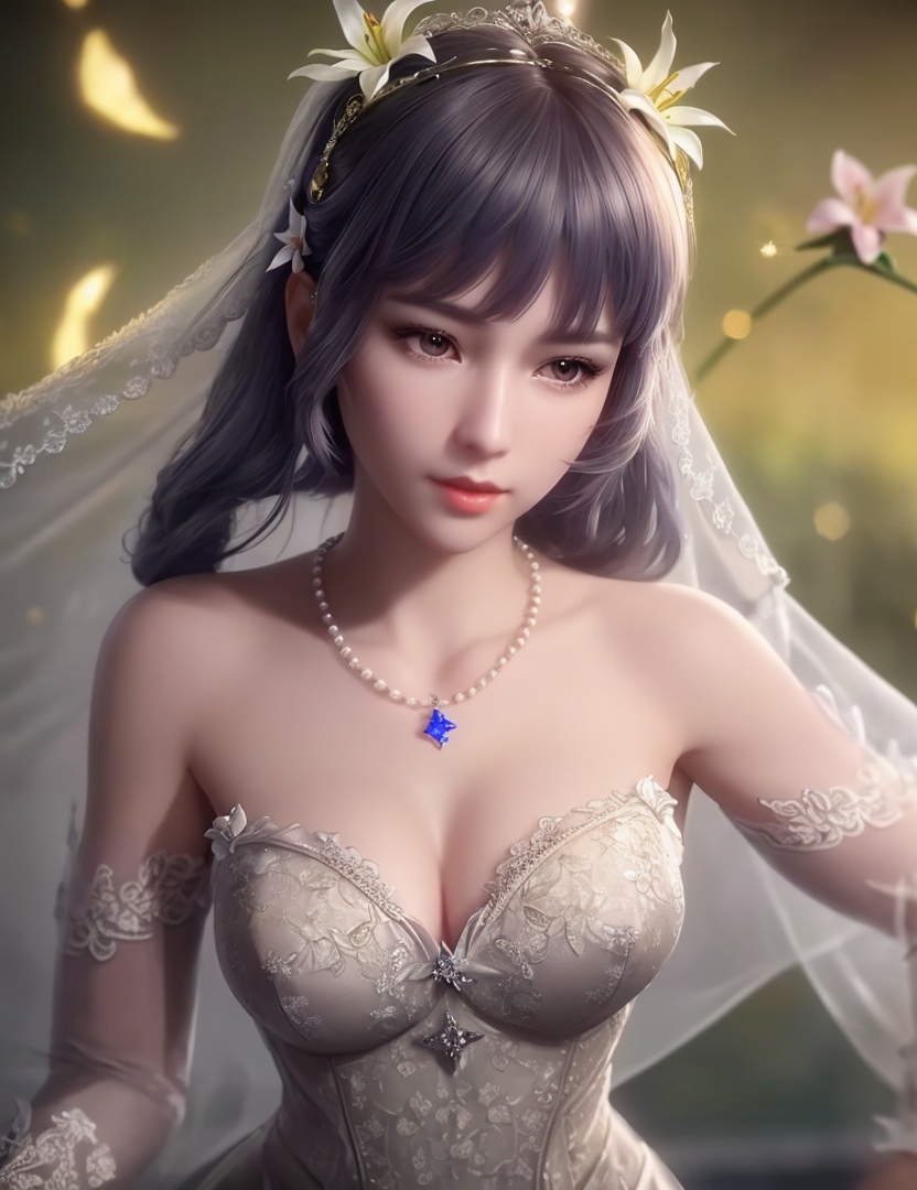 ultra realistic 8k cg, picture-perfect face, flawless, clean, masterpiece, professional artwork, famous artwork, cinematic lighting, cinematic bloom, perfect face, beautiful face, fantasy, dreamlike, unreal, science fiction,   lace, lace trim, lace-trimmed legwear,  (rich:1.4), prestige, luxury, jewelry, diamond, gold, pearl, gem, sapphire, ruby, emerald, intricate detail, delicate pattern, charming, alluring, seductive, erotic, enchanting, hair ornament, necklace, earrings, bracelet, armlet,halo((,1girl, pov,))  ((, 1girl, solo, star_\(symbol\),lily \(flower\),hair flower, wedding dress, jewelry))<lora:DA_BaiChenXiang:0.6>