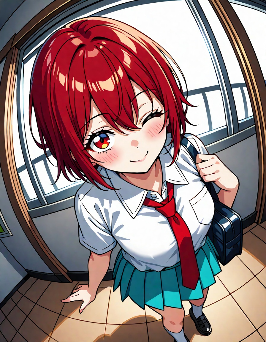1girl, red hair, one eye closed, smile, solo, looking at viewer, skirt, short hair, shirt, necktie, pleated skirt, red necktie, from above, blush, school uniform, red eyes, hair between eyes, fisheye, socks, aqua skirt, closed mouth, eyelashes, black footwear, foreshortening, upturned eyes, bag, collared shirt